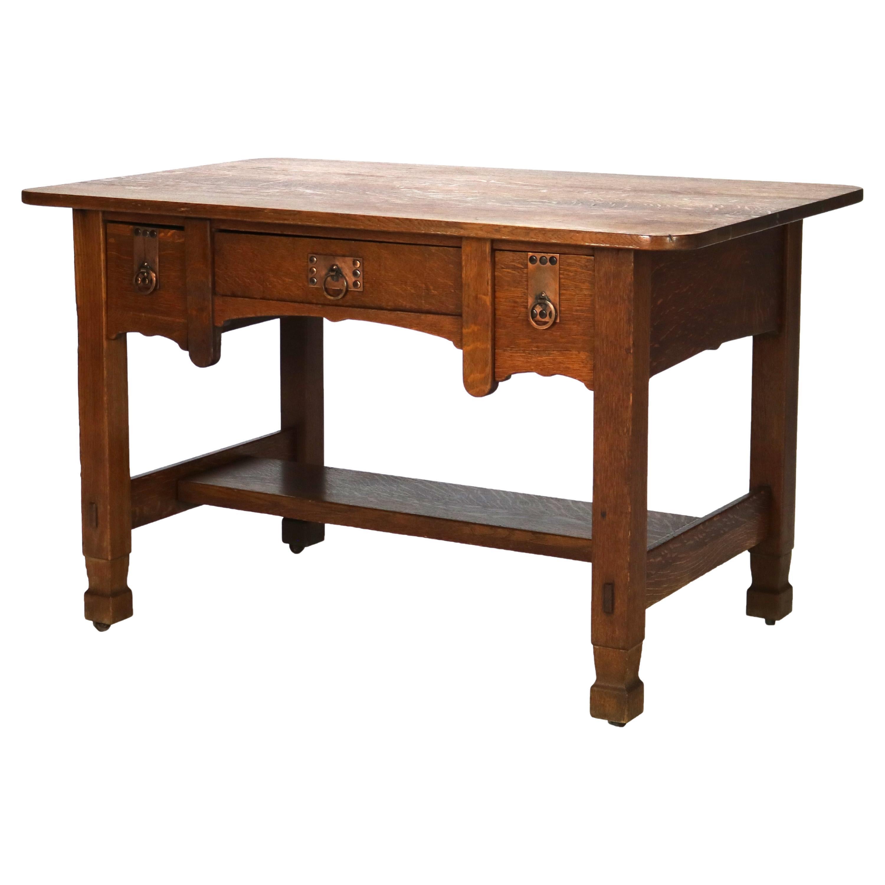 Antique Stickley Brothers Three Drawer Oak Library Table Desk C1920