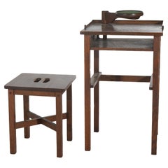 Antique Stickley Inspired Arts & Crafts Cutout Oak Phone Stand & Stool C1920