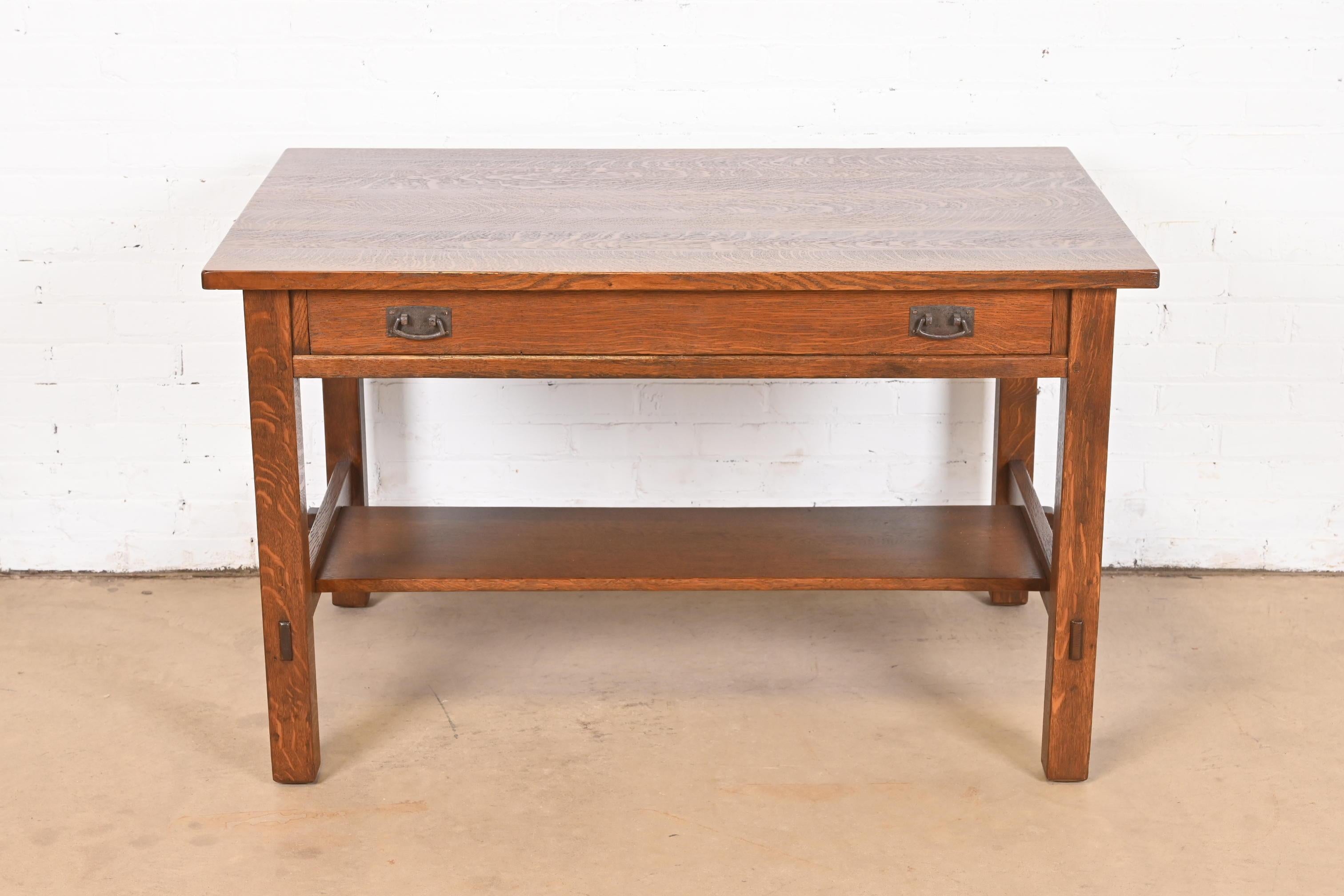 Antique Stickley Mission Oak Arts & Crafts Desk or Library Table, Newly Restored In Good Condition For Sale In South Bend, IN