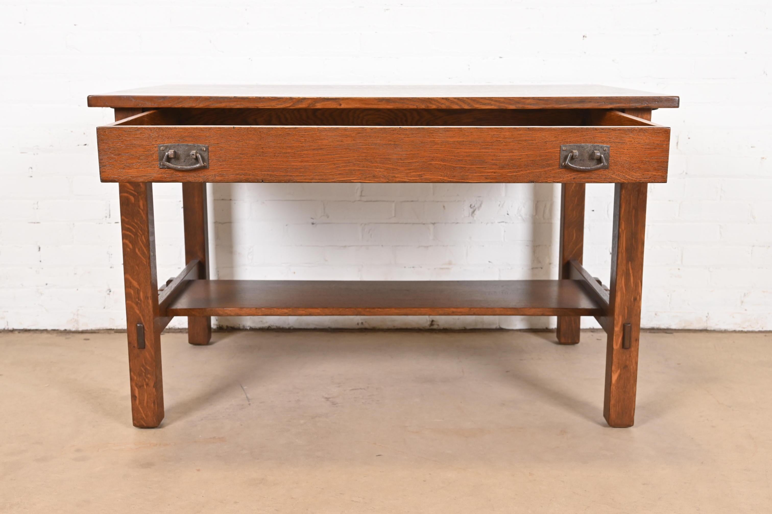 Antique Stickley Mission Oak Arts & Crafts Desk or Library Table, Newly Restored For Sale 1