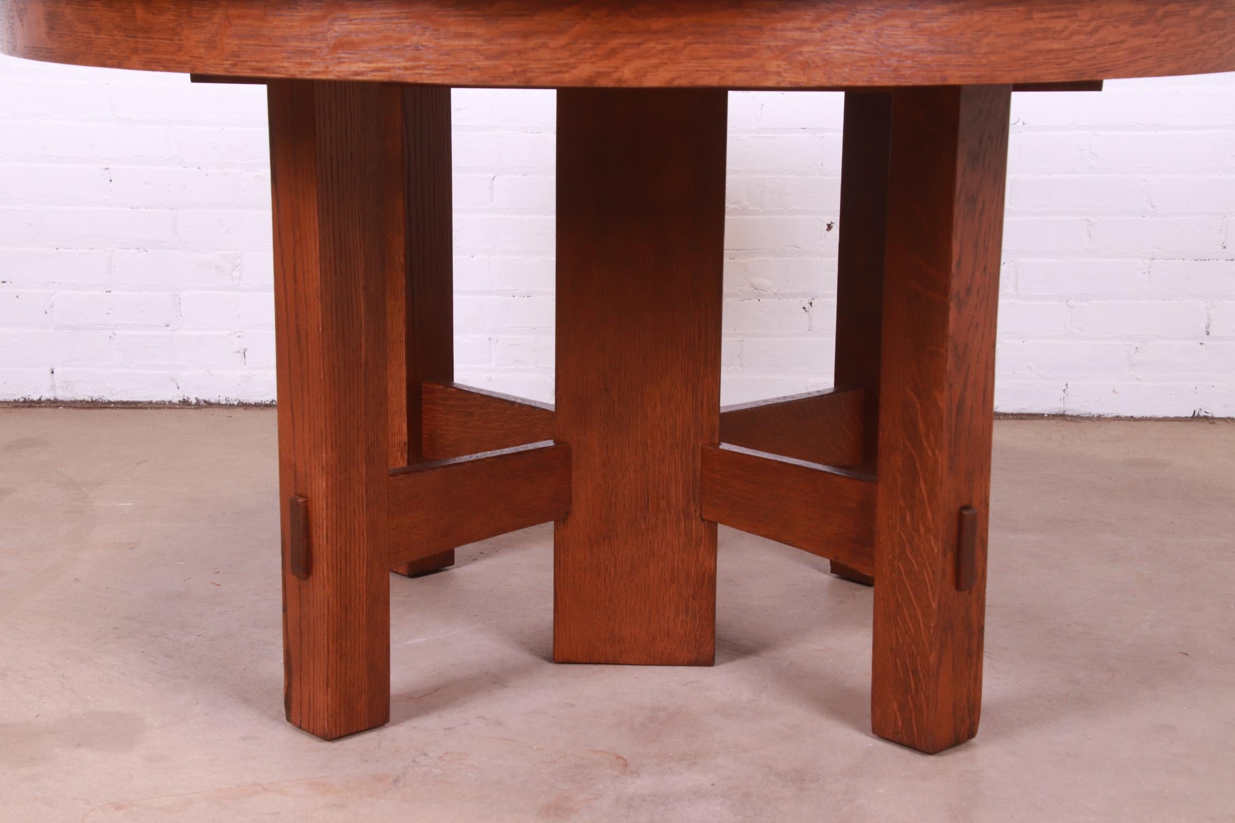 Antique Stickley Mission Oak Arts & Crafts Pedestal Dining Table with Six Leaves 14