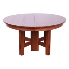 Antique Stickley Mission Oak Arts & Crafts Pedestal Dining Table with Six Leaves