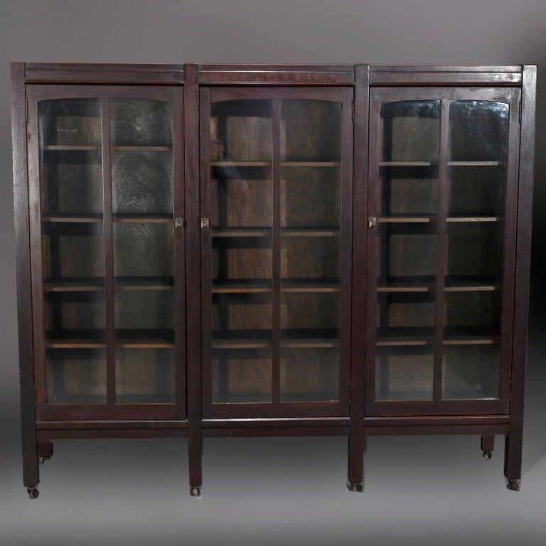 Crafts Mission Oak 3 Door Bookcase, Arts And Crafts Bookcase With Glass Doors