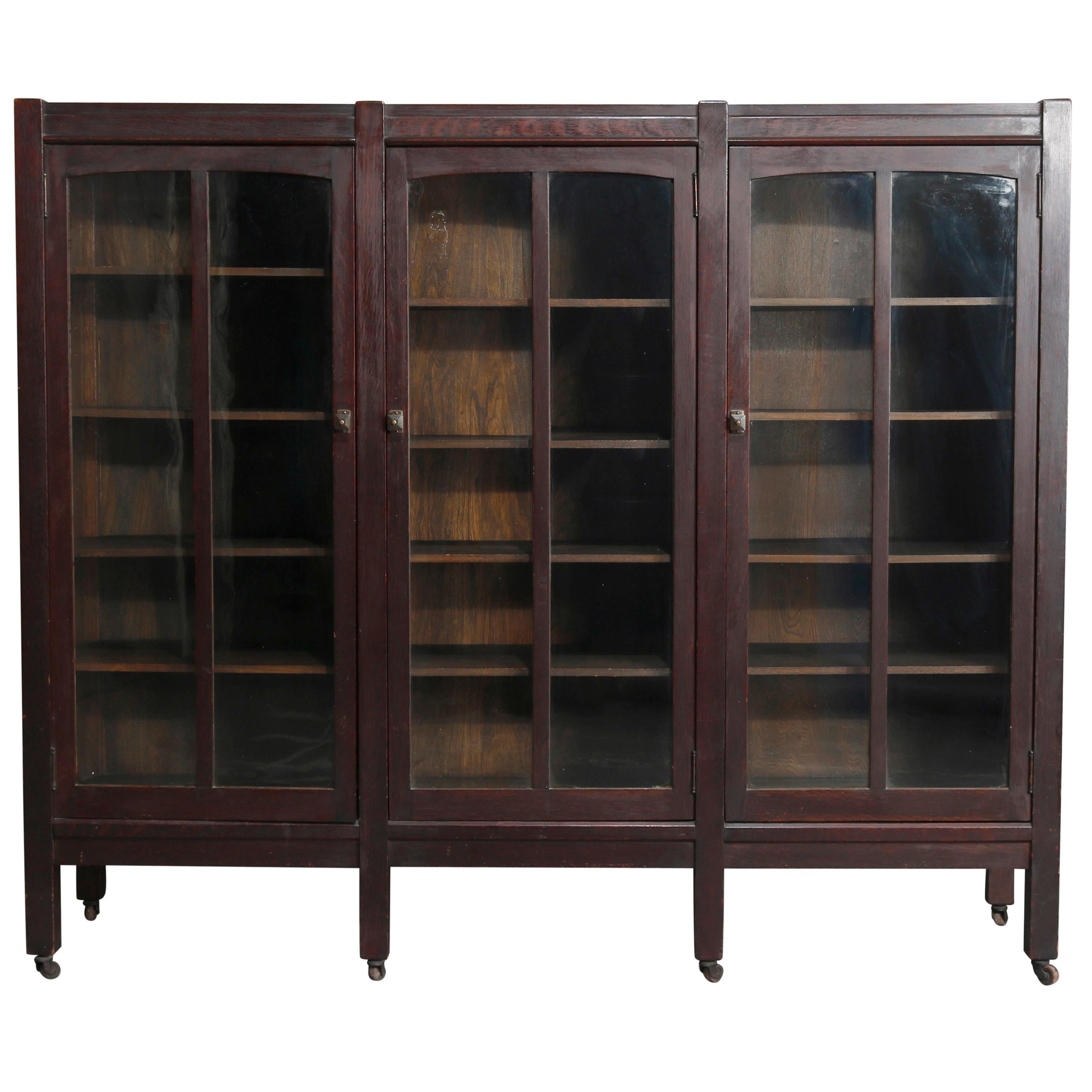 Antique Stickley School Arts & Crafts Mission Oak 3-Door Bookcase, circa 1910