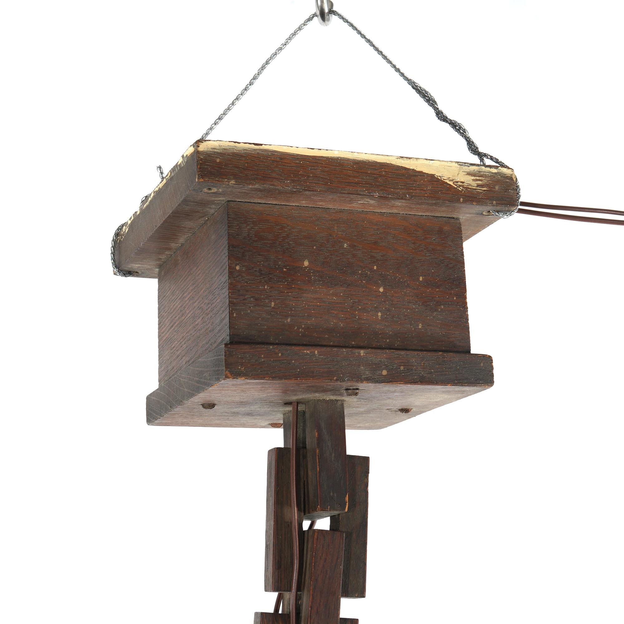 Antique Stickley School Arts & Crafts Mission Oak Leaded Slag Glass Chandelier For Sale 5