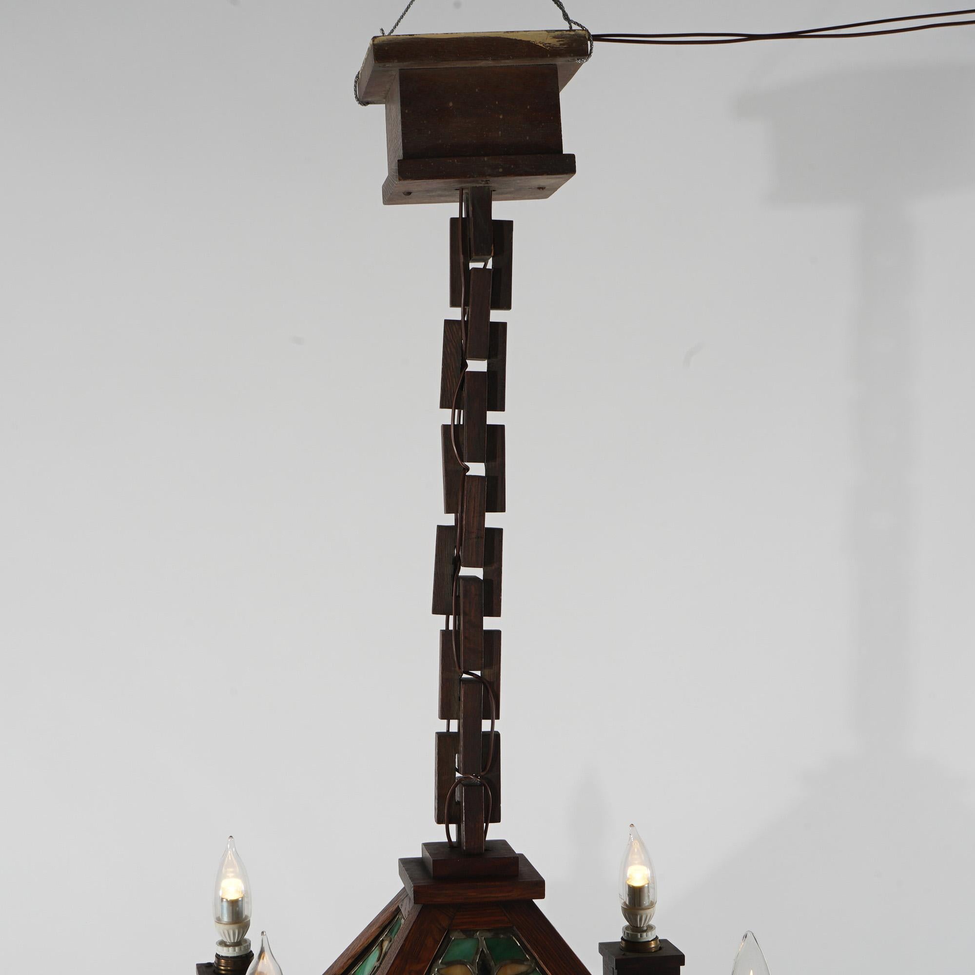 Antique Stickley School Arts & Crafts Mission Oak Leaded Slag Glass Chandelier For Sale 6