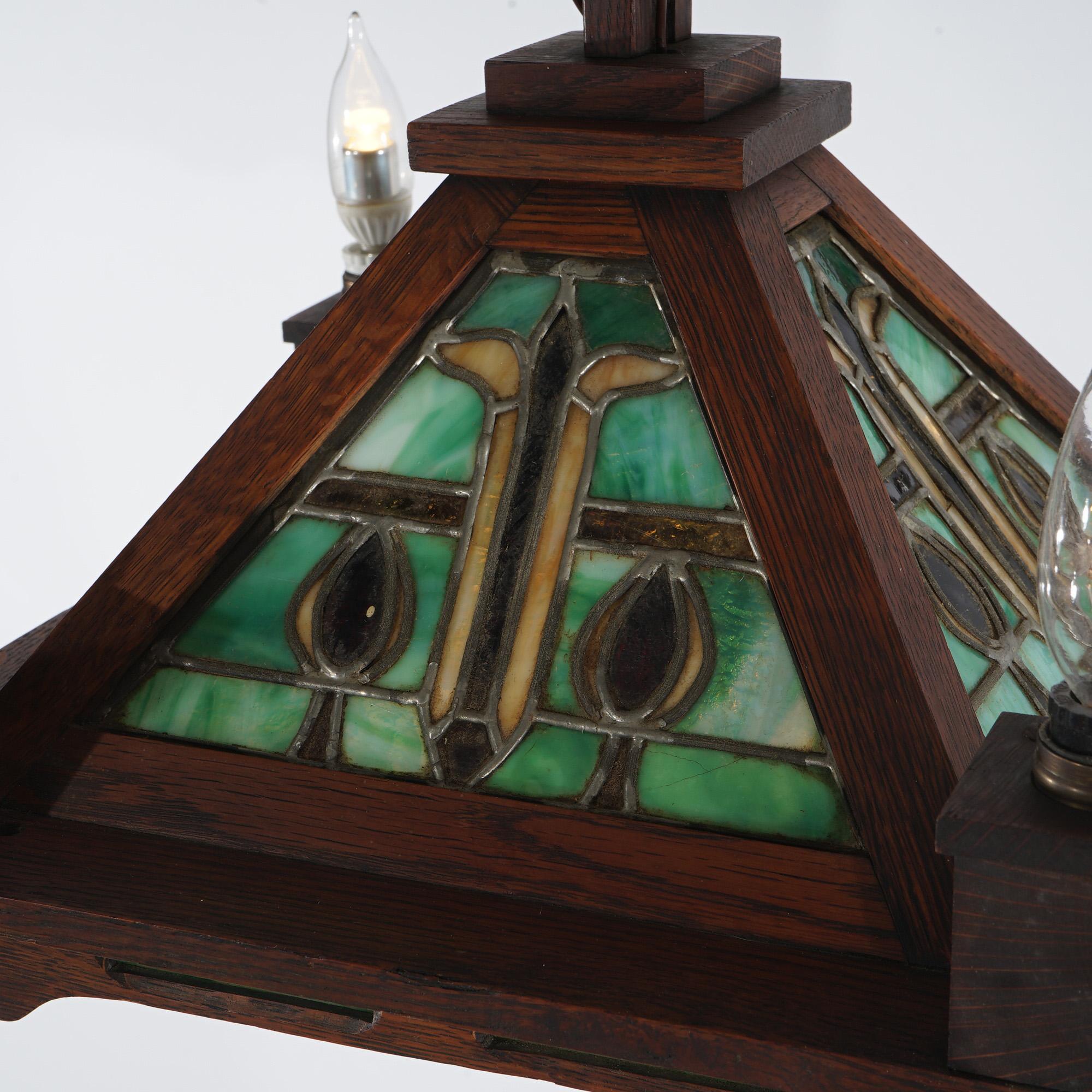 Arts and Crafts Antique Stickley School Arts & Crafts Mission Oak Leaded Slag Glass Chandelier For Sale