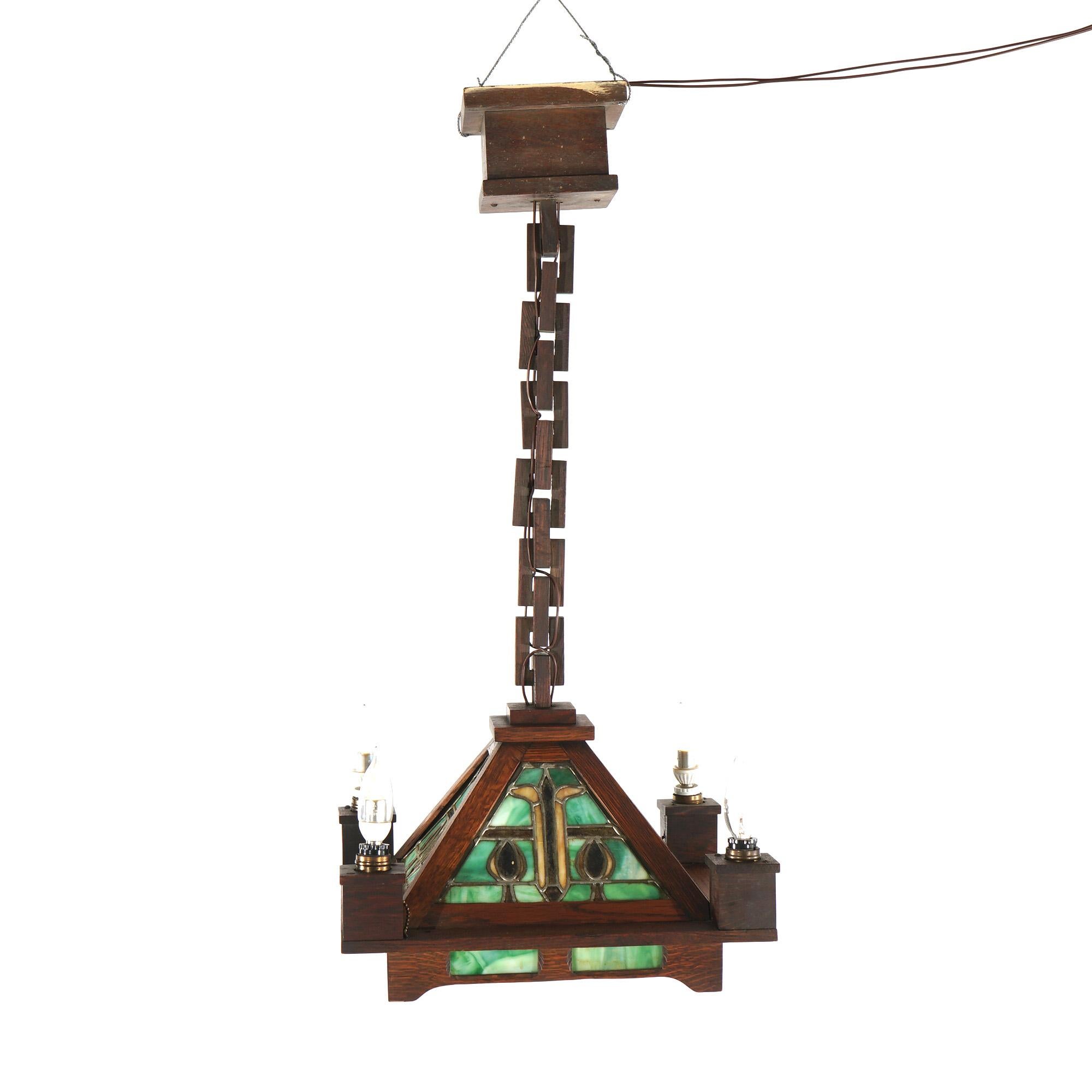 American Antique Stickley School Arts & Crafts Mission Oak Leaded Slag Glass Chandelier For Sale