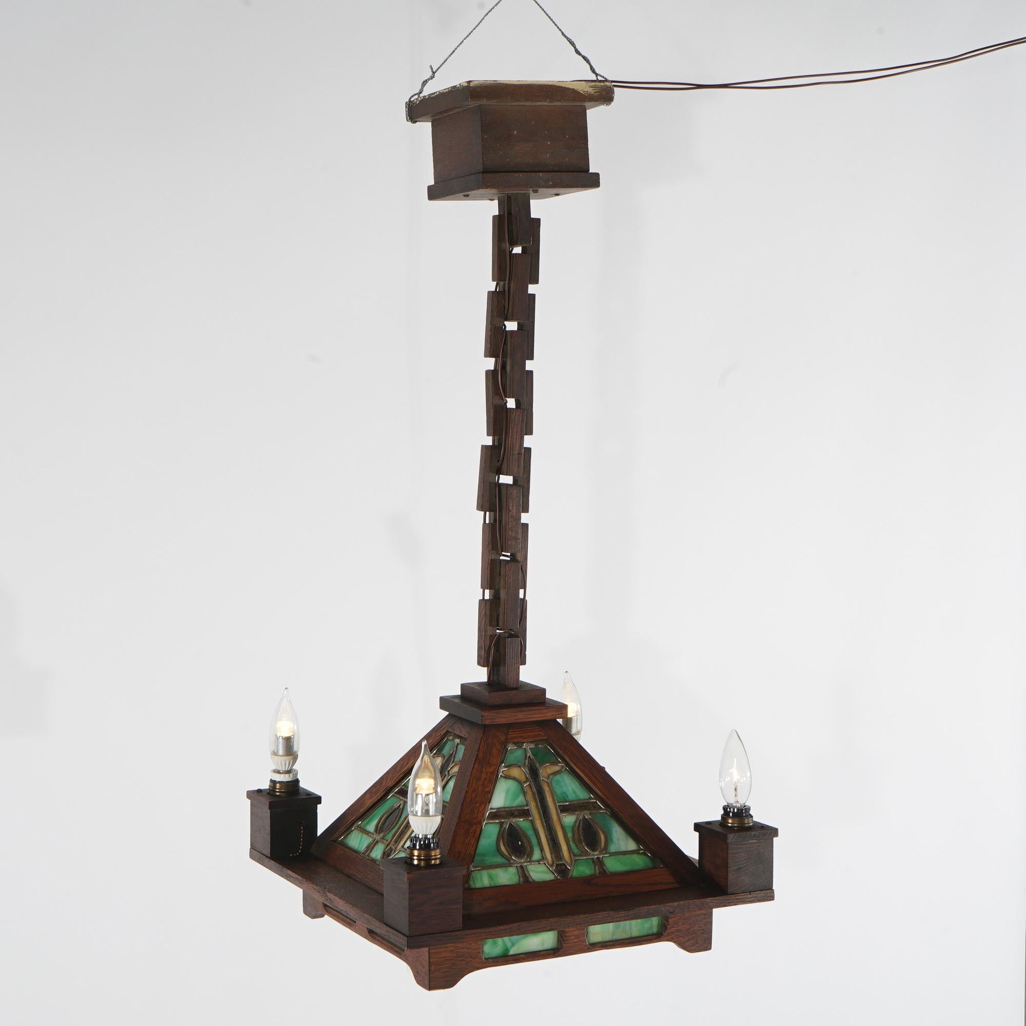 Antique Stickley School Arts & Crafts Mission Oak Leaded Slag Glass Chandelier In Good Condition For Sale In Big Flats, NY