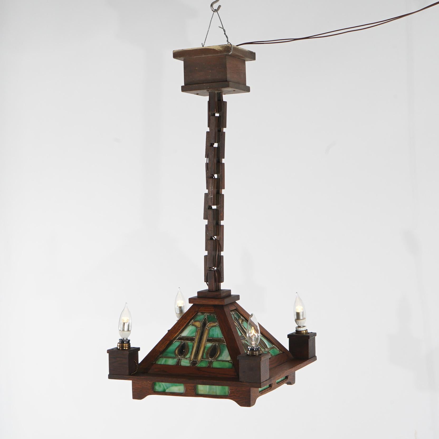 20th Century Antique Stickley School Arts & Crafts Mission Oak Leaded Slag Glass Chandelier For Sale