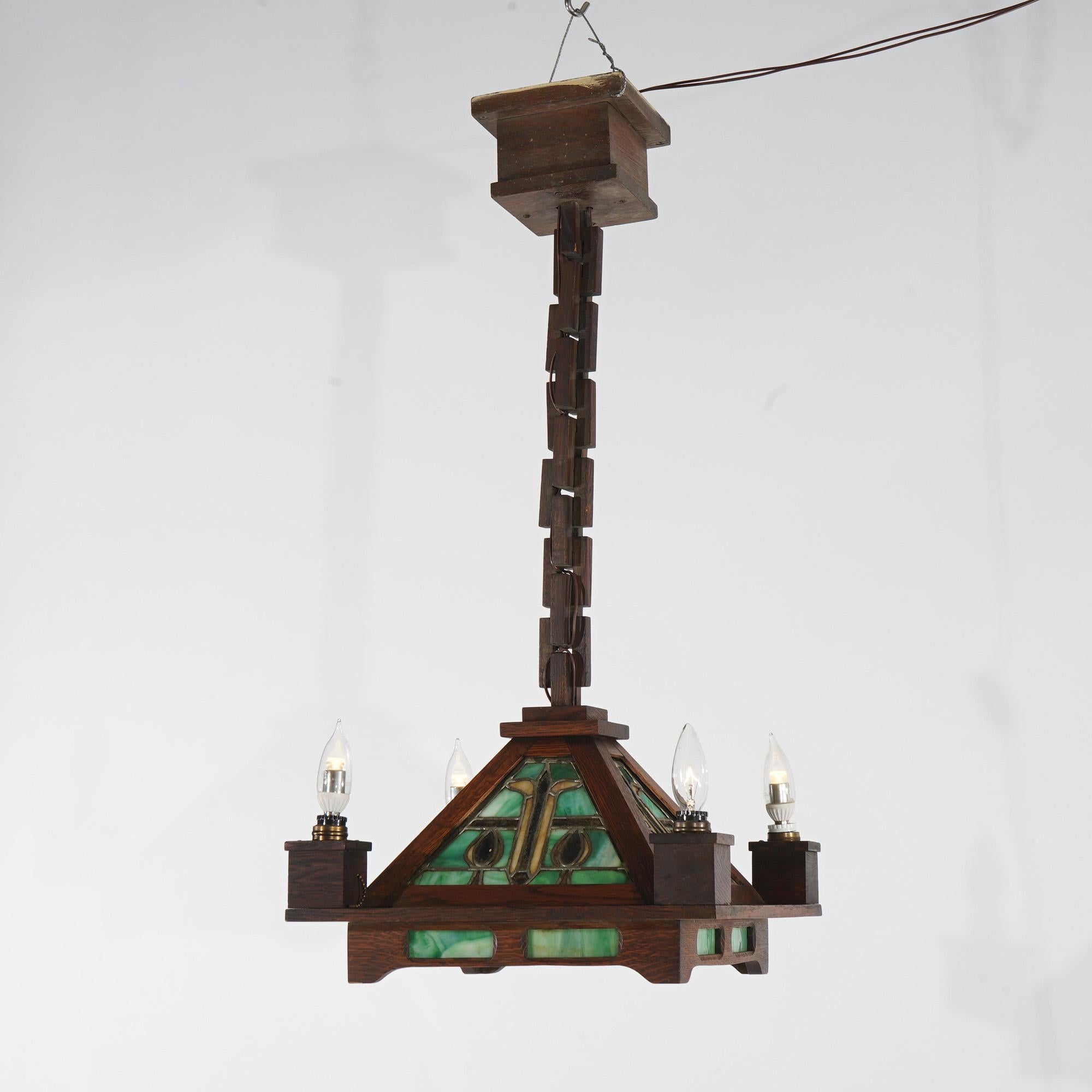 Antique Stickley School Arts & Crafts Mission Oak Leaded Slag Glass Chandelier For Sale 1