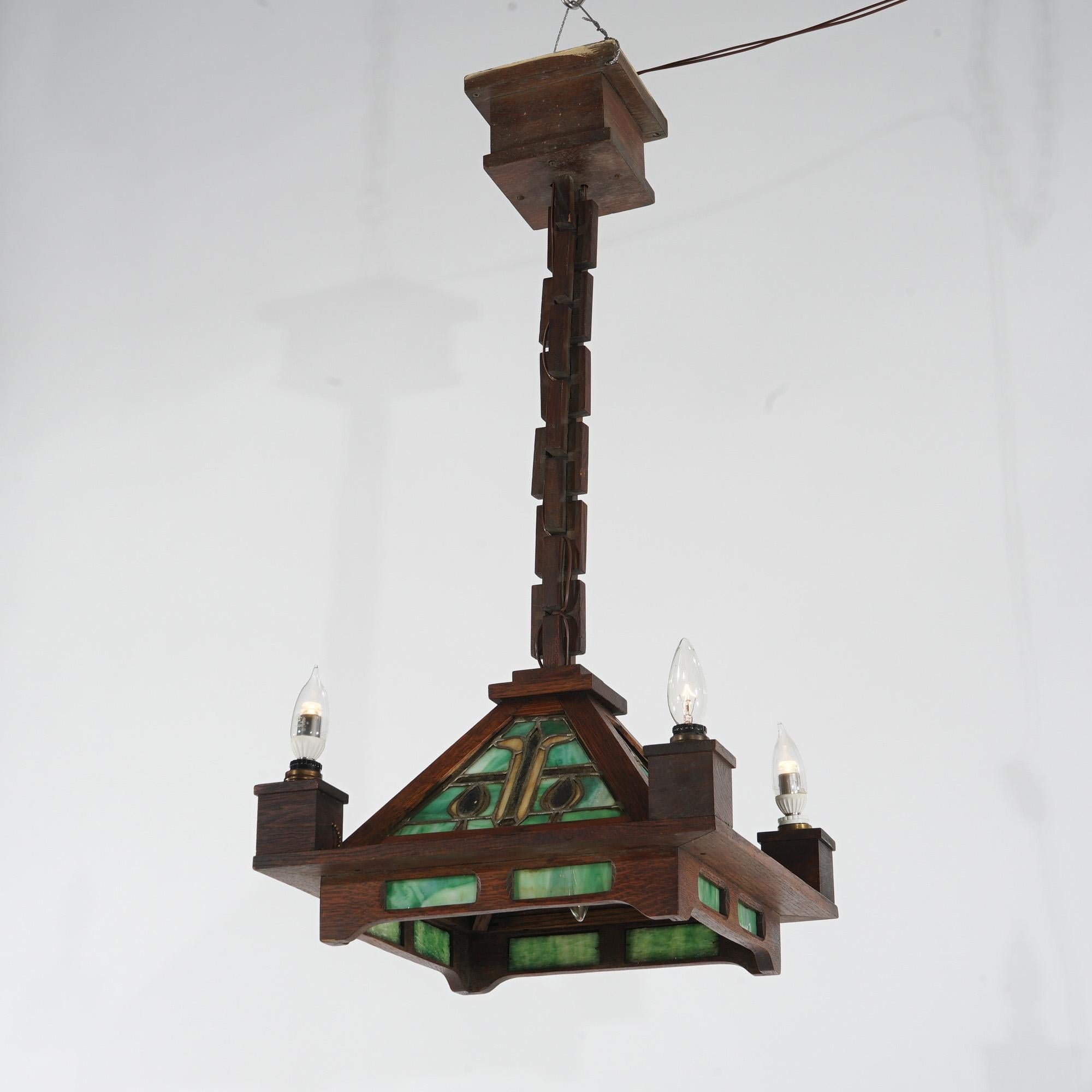 Antique Stickley School Arts & Crafts Mission Oak Leaded Slag Glass Chandelier For Sale 2