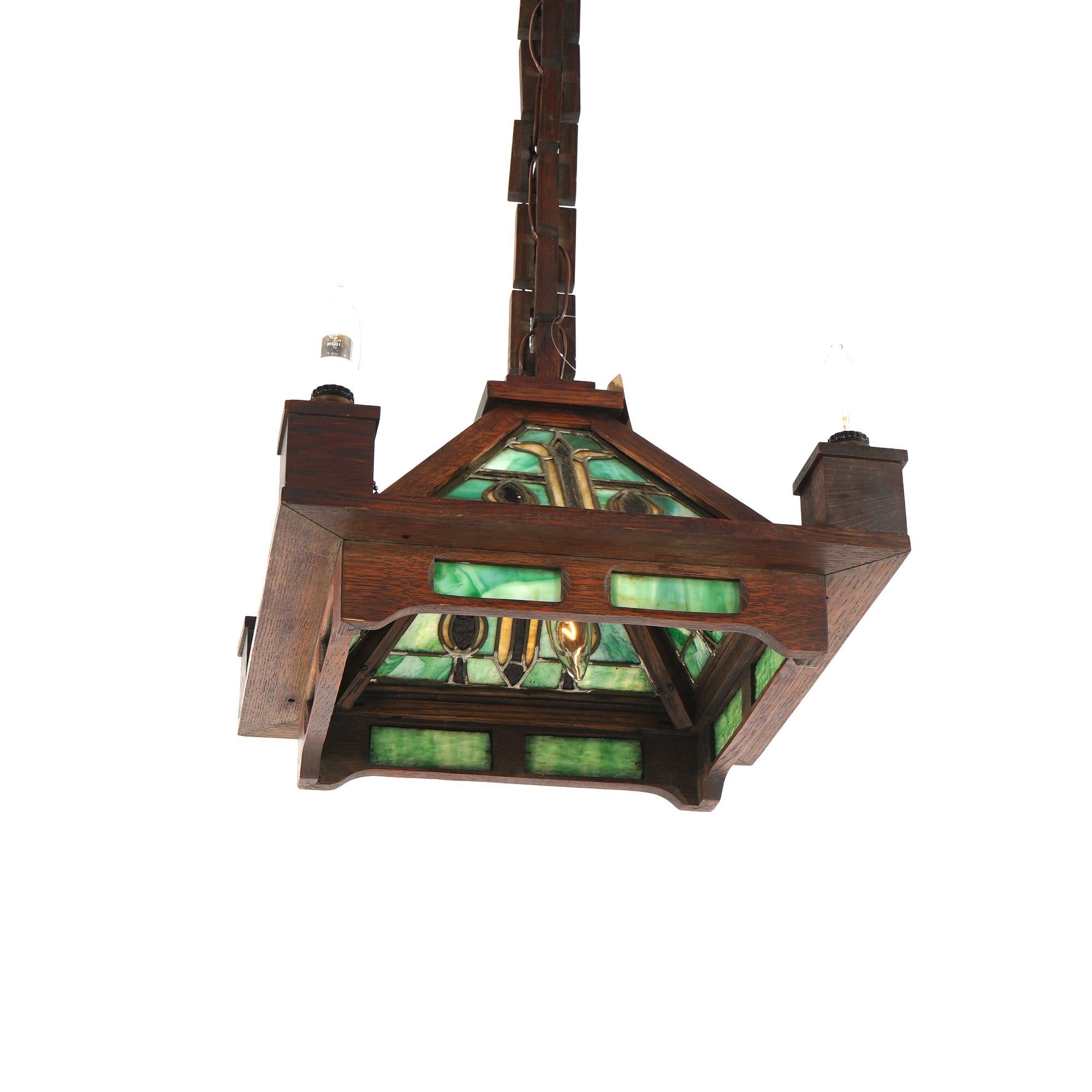 Antique Stickley School Arts & Crafts Mission Oak Leaded Slag Glass Chandelier For Sale 3