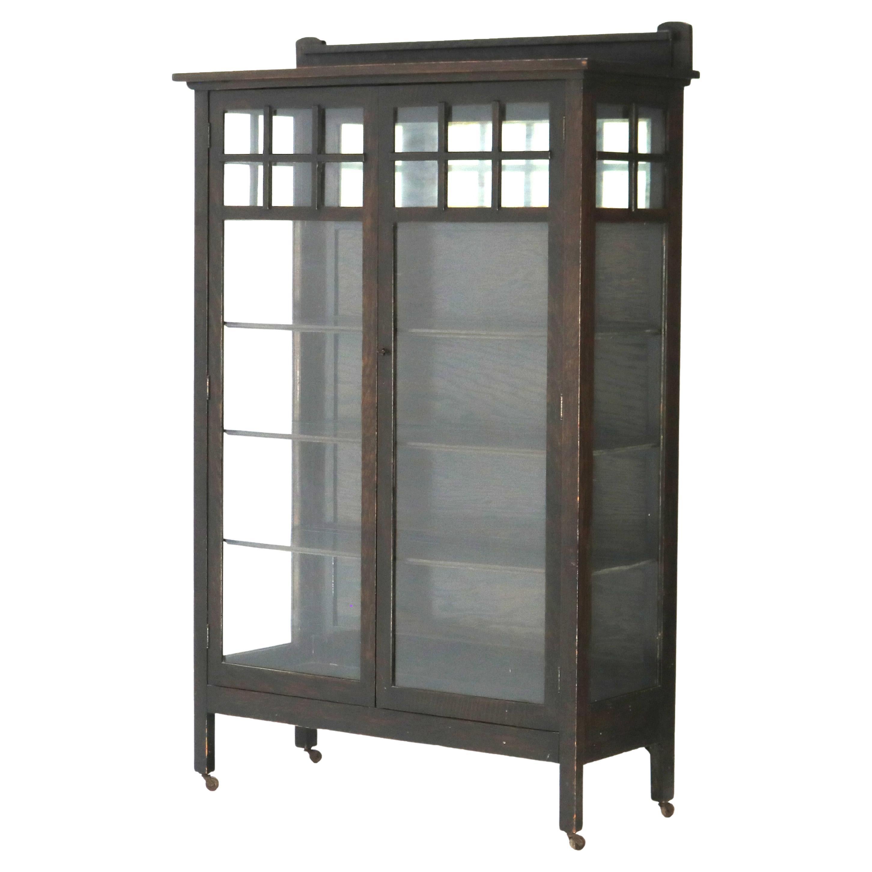 Antique Stickley School Arts & Crafts Mission Oak MIrrored China Cabinet C1910