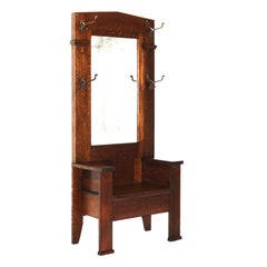 Antique Stickley School Arts & Crafts Mission Oak Mirrored Hall Seat & Hat Rack
