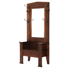 Antique Stickley School Arts & Crafts Mission Oak Mirrored Hall Seat & Hat Rack