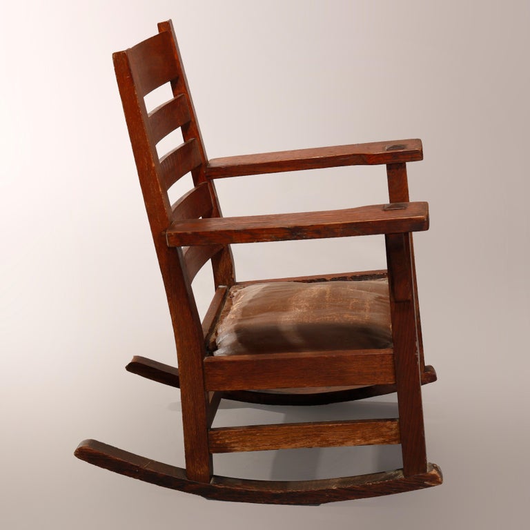 Antique Arts and Crafts Gus Stickley Mission Oak Rocking Chair, circa