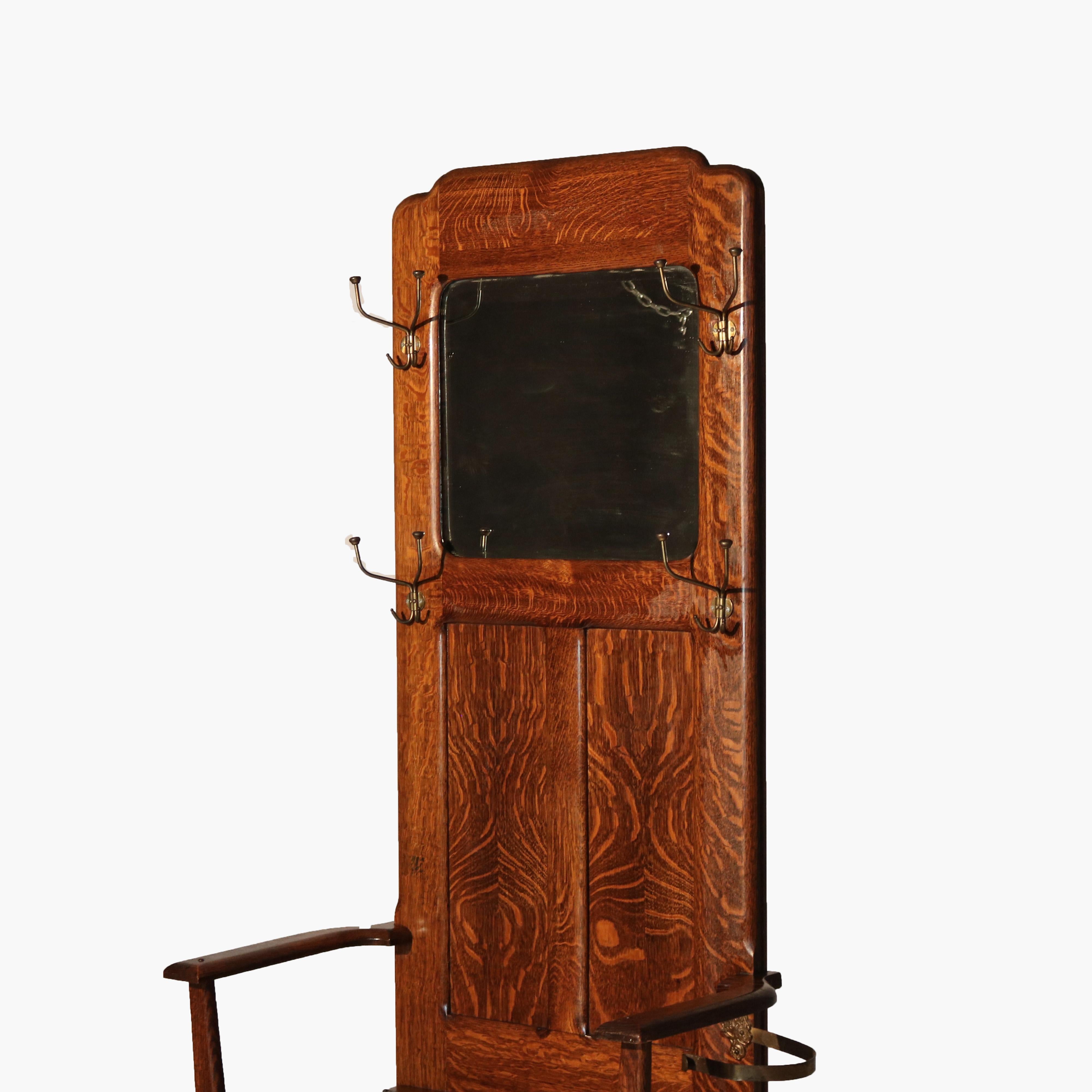 Ancien siège de hall en chêne avec miroir et crochets de l'école Stickley Arts & Crafts, C1920.   
75 3/4