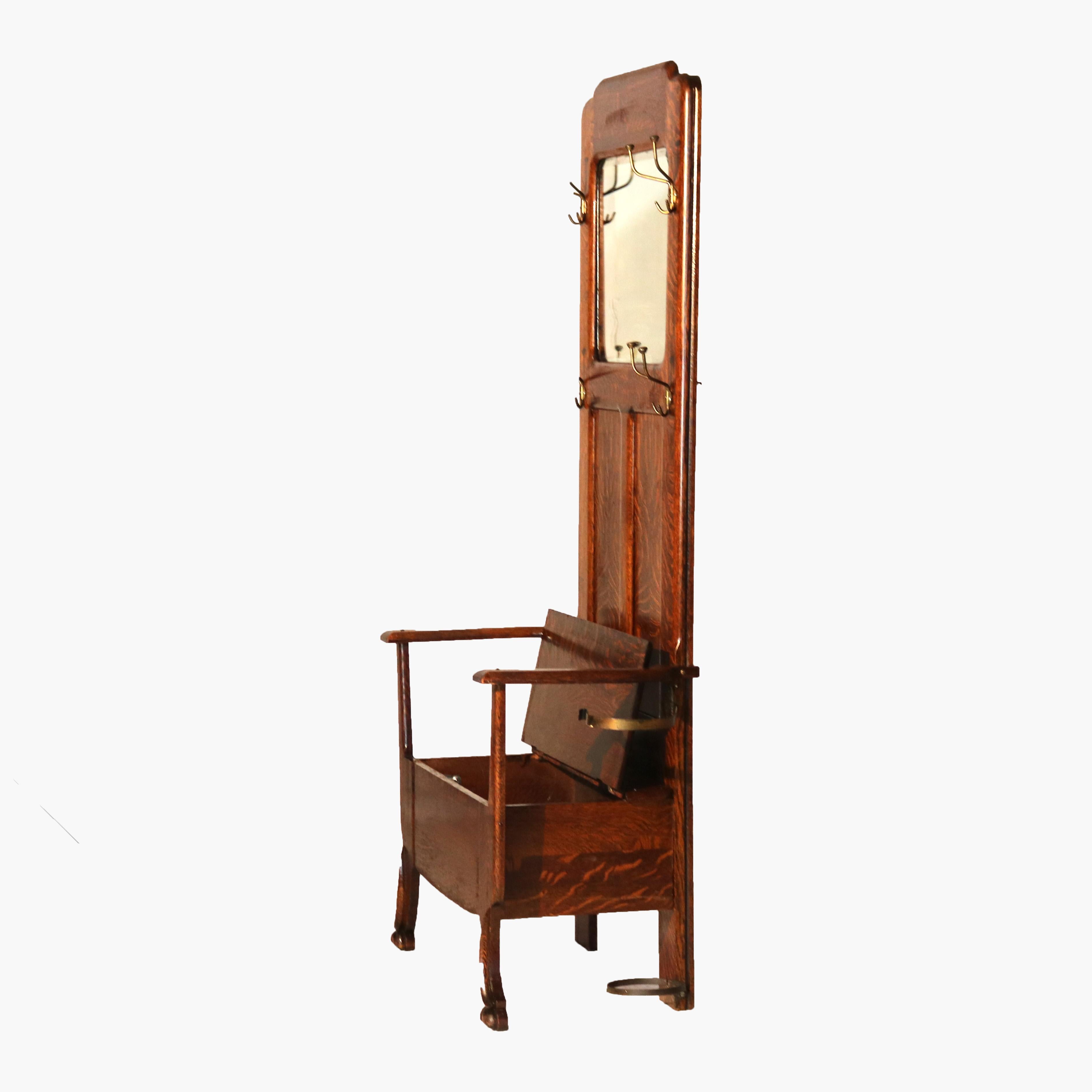 20ième siècle Siège d'entrée antique en chêne de l'école Stickley Arts & Crafts avec miroir et crochet vers 1920 en vente