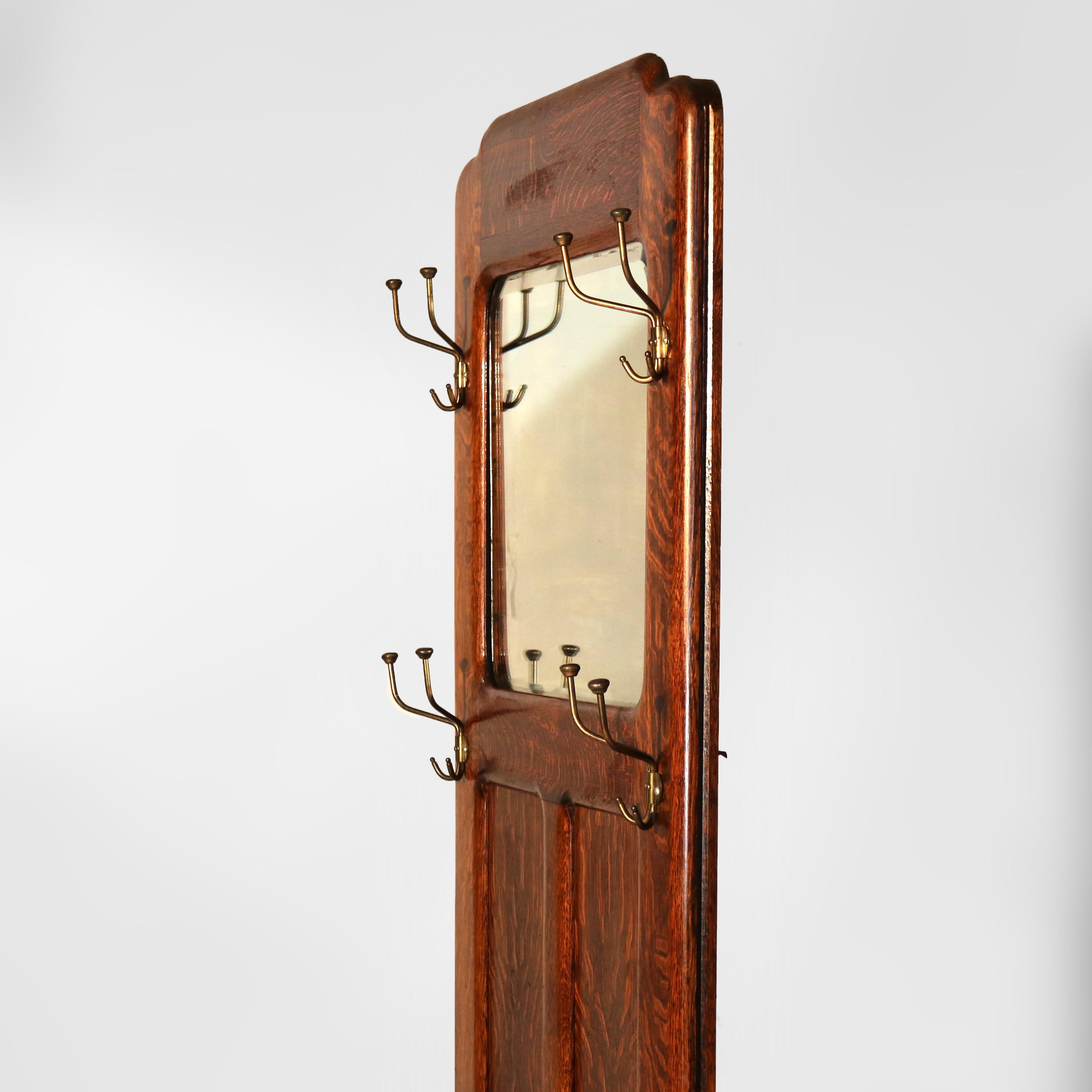 Siège d'entrée antique en chêne de l'école Stickley Arts & Crafts avec miroir et crochet vers 1920 en vente 1