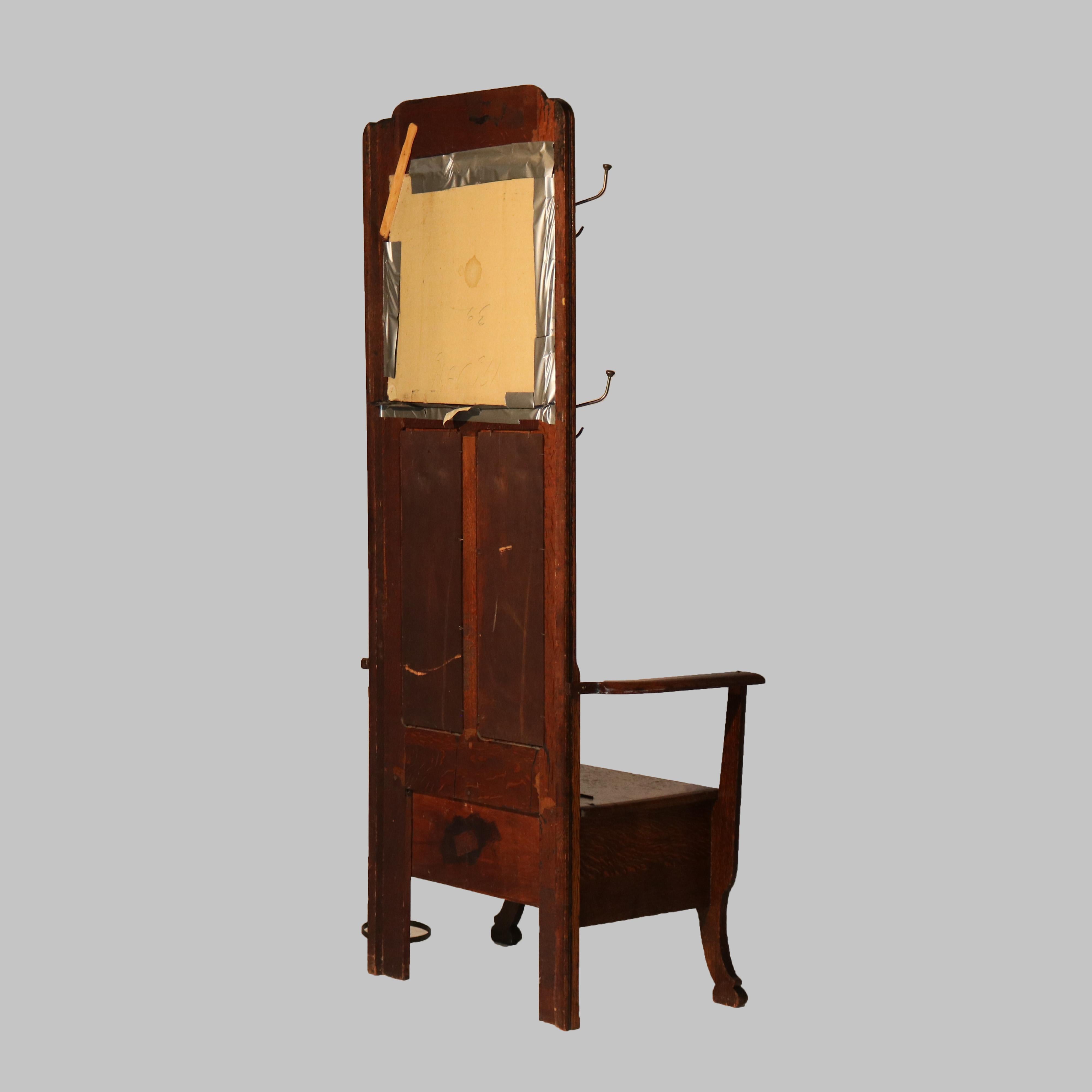 Siège d'entrée antique en chêne de l'école Stickley Arts & Crafts avec miroir et crochet vers 1920 en vente 3