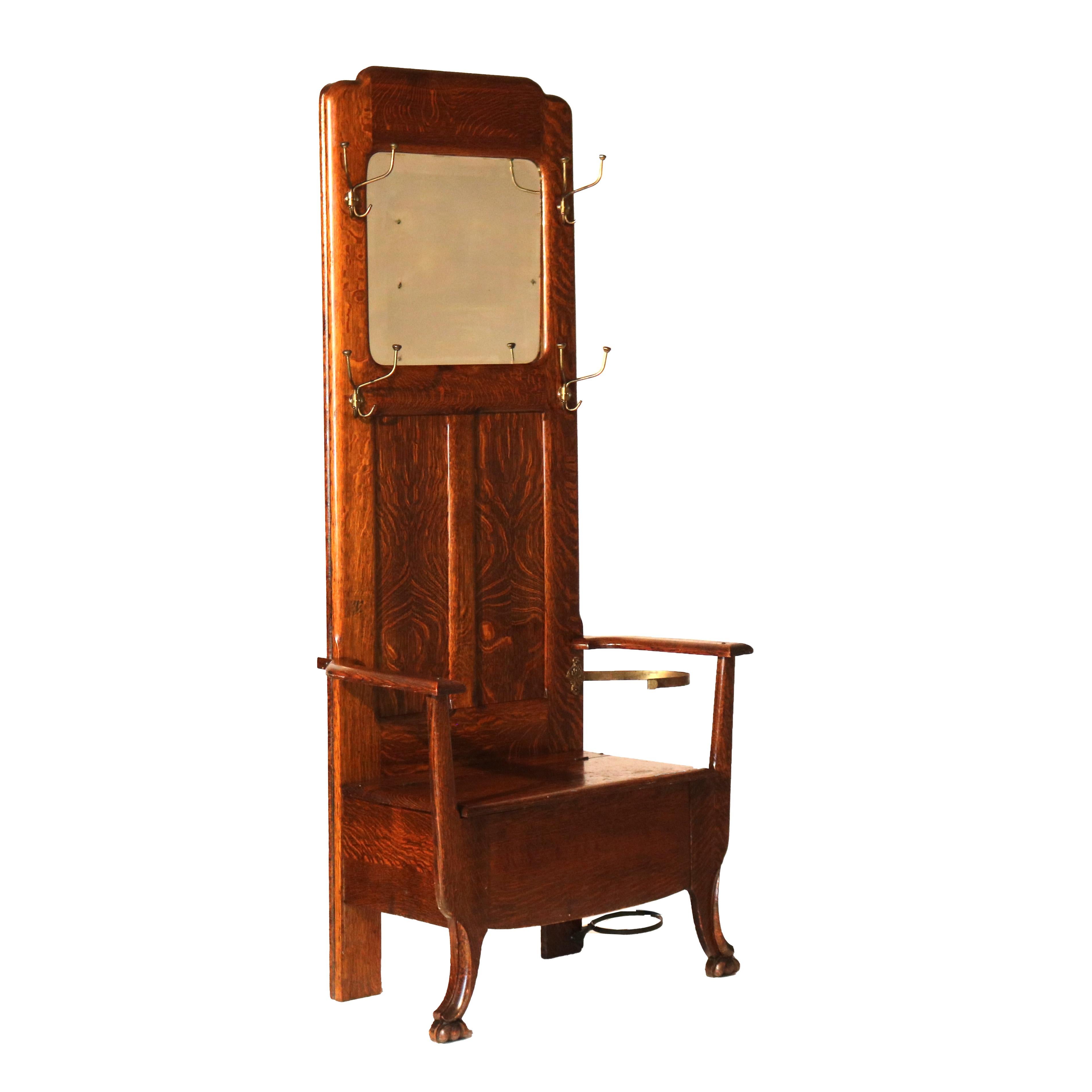 Siège d'entrée antique en chêne de l'école Stickley Arts & Crafts avec miroir et crochet vers 1920 en vente 4
