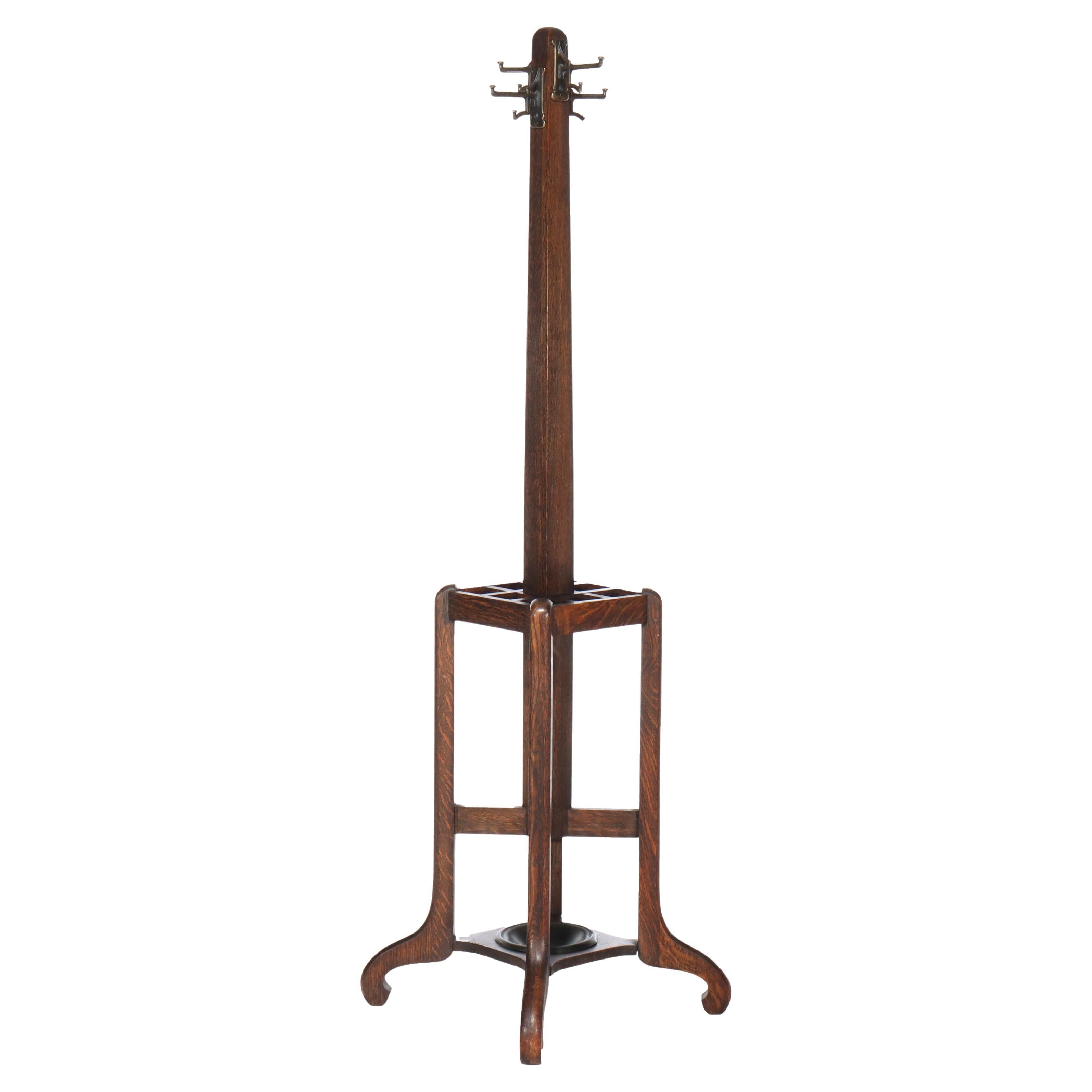 Antique Stickley School Arts & Crafts Oak Hat Rack & Umbrella Stand C1920