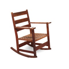 Antique Stickley School Oak Rocker With Rush Seat C1920