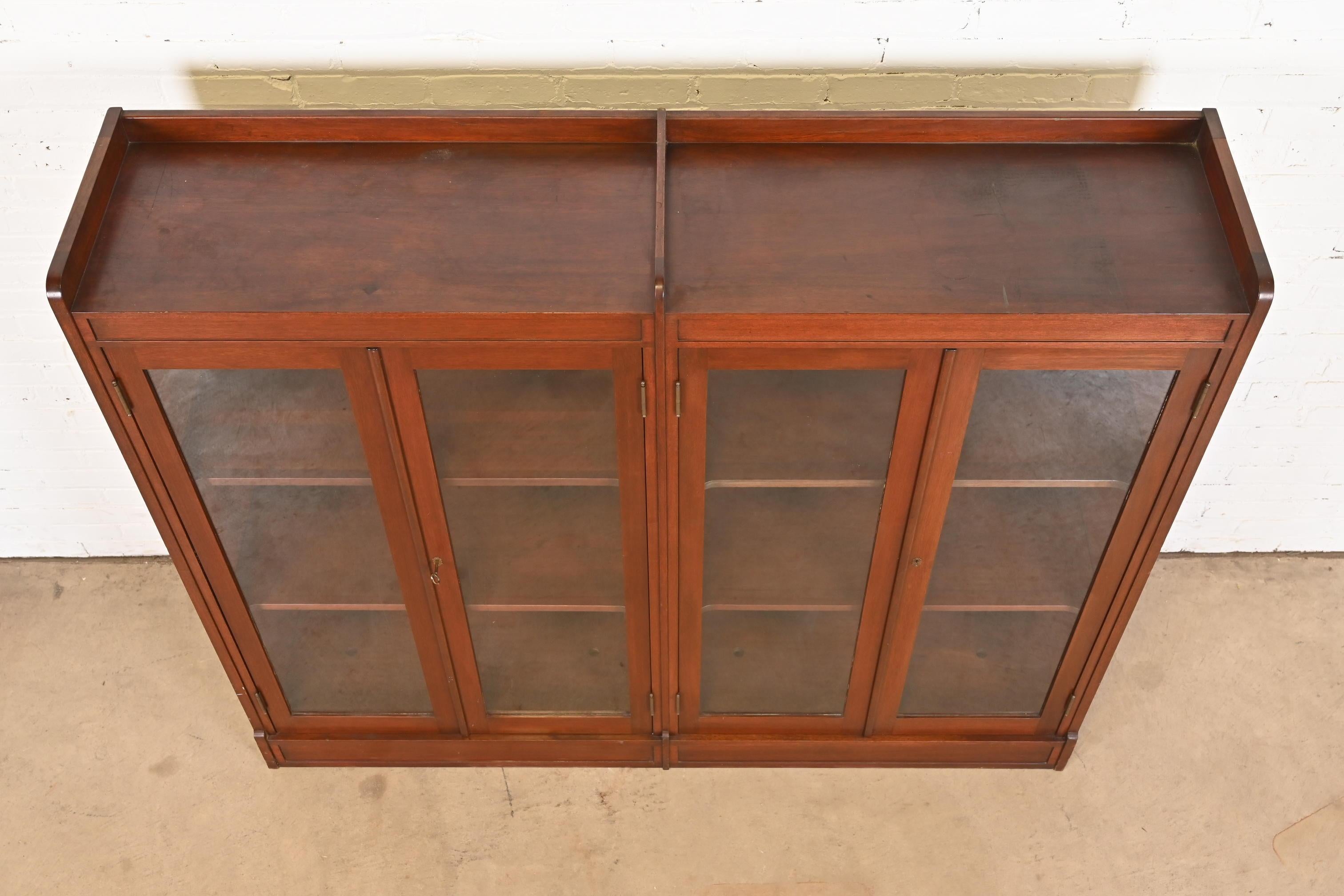 Antique Stickley Style Arts and Crafts Solid Mahogany Double Bookcase, 1920s For Sale 4