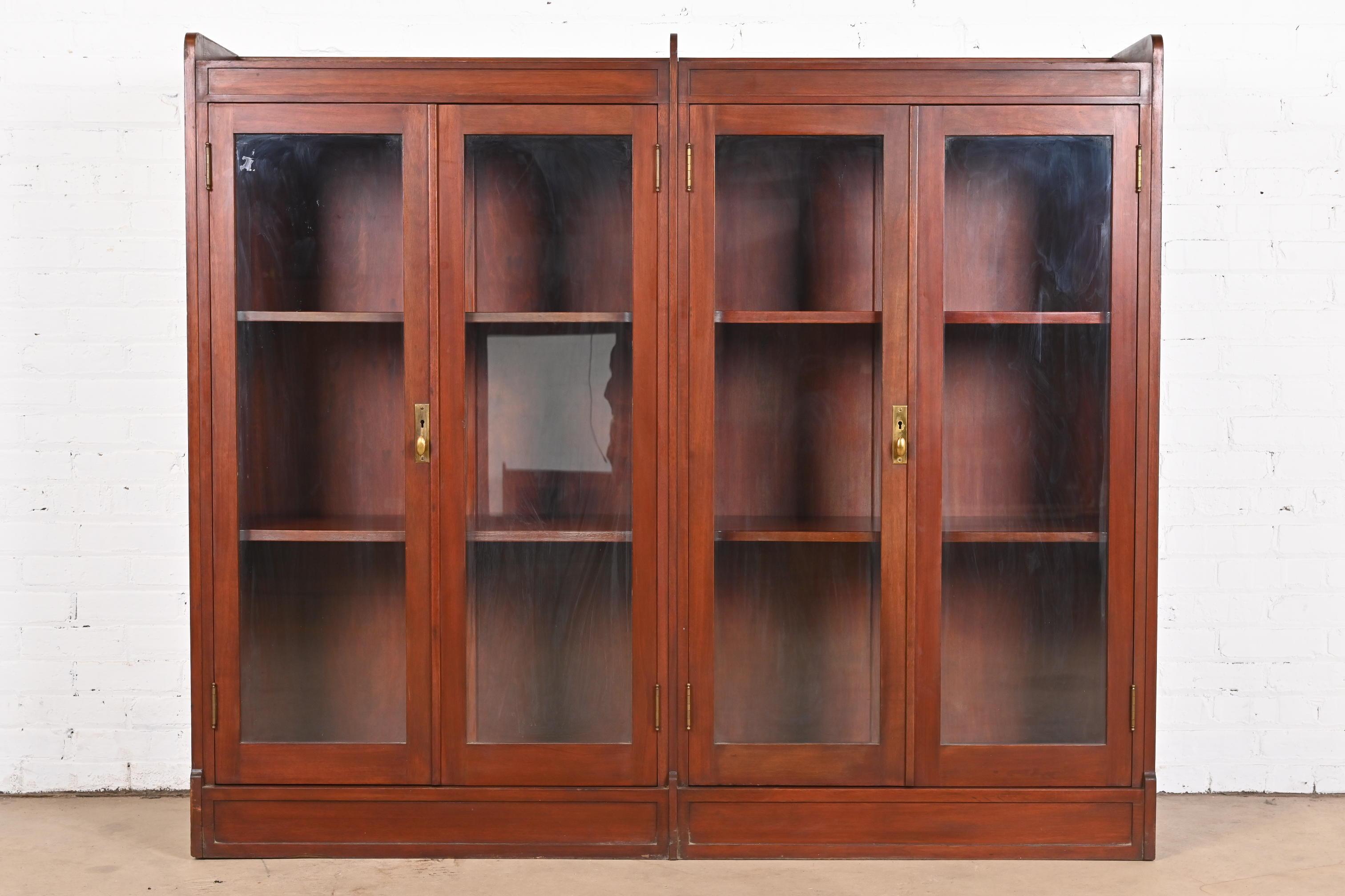 American Antique Stickley Style Arts and Crafts Solid Mahogany Double Bookcase, 1920s For Sale