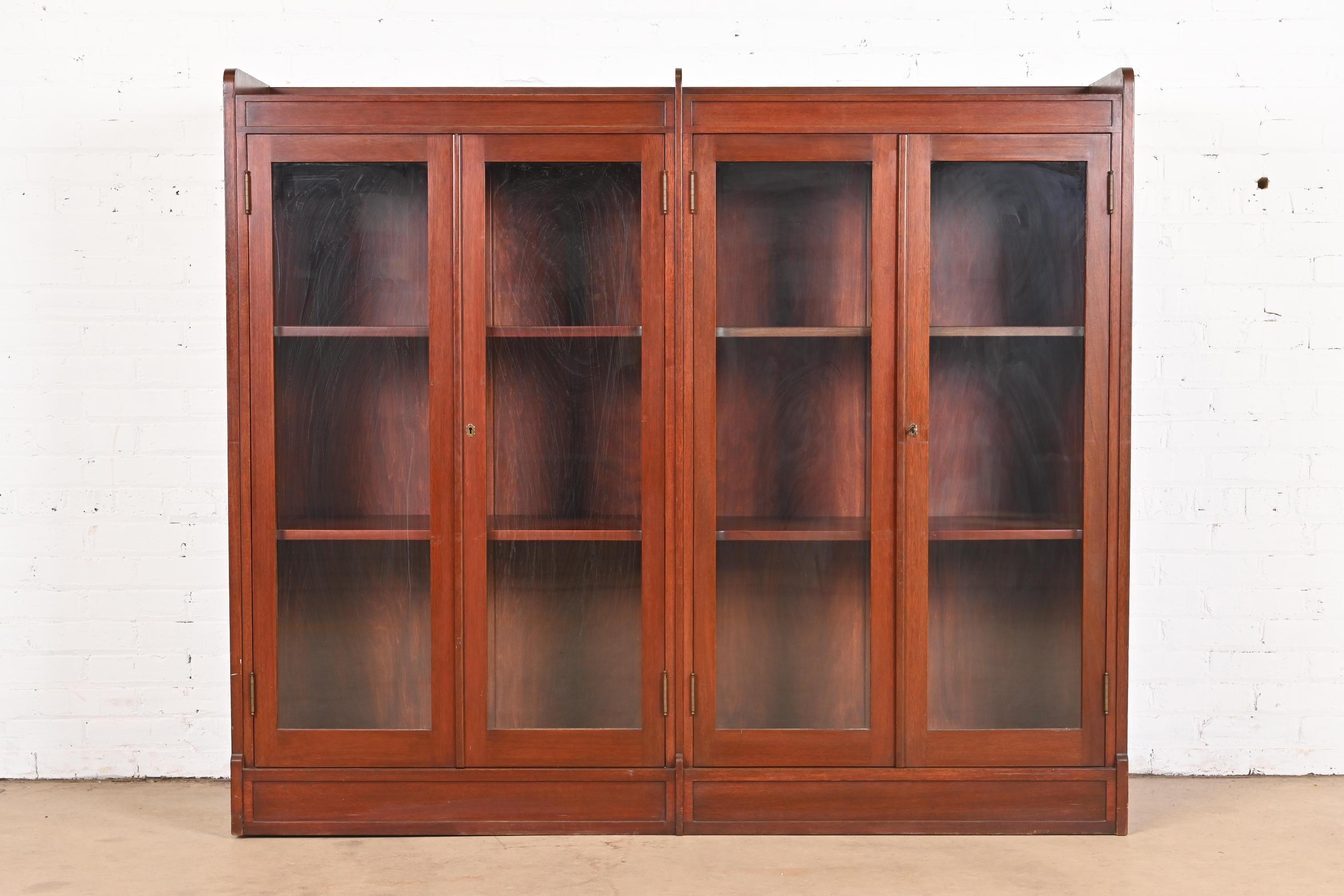 American Antique Stickley Style Arts and Crafts Solid Mahogany Double Bookcase, 1920s For Sale