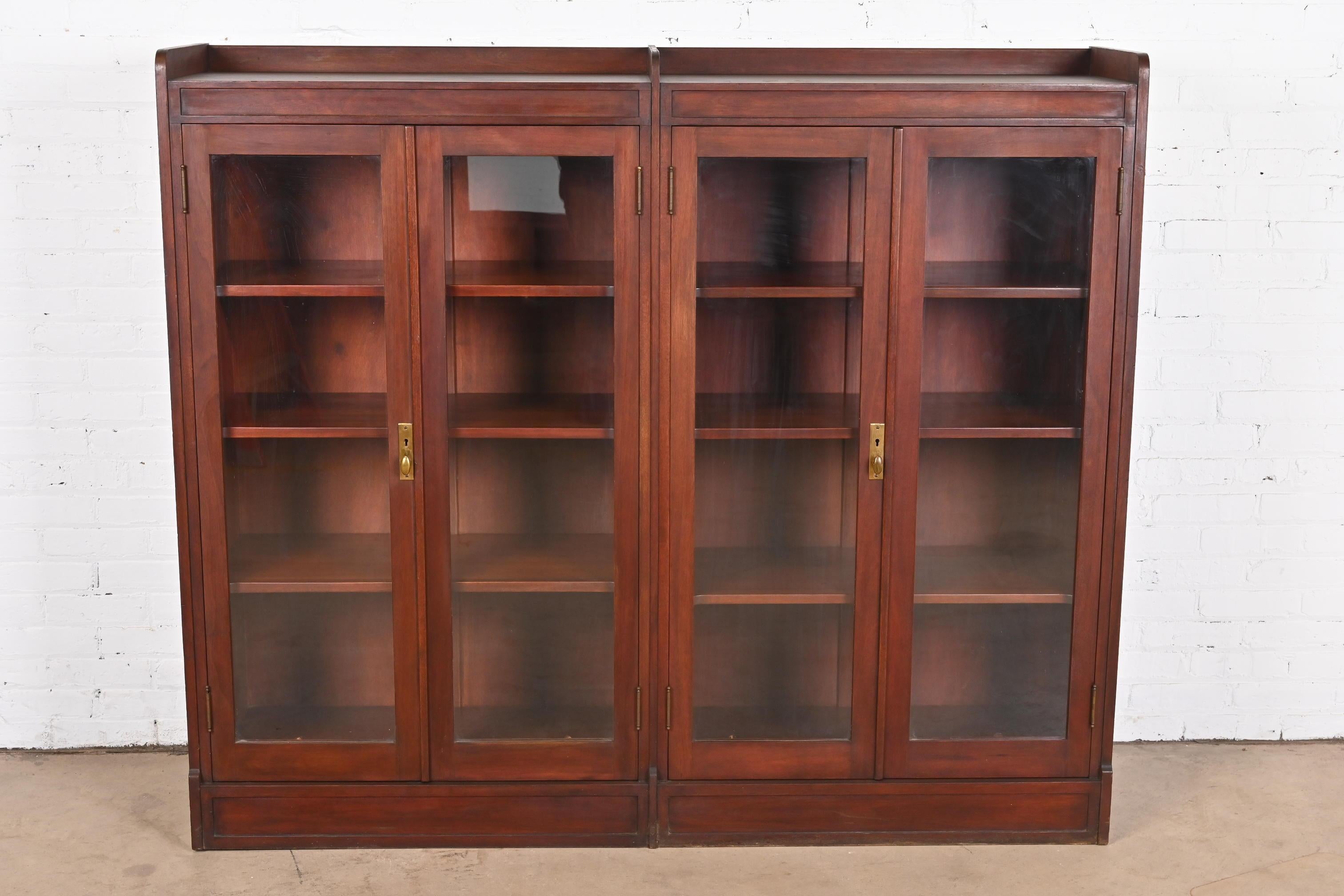 Early 20th Century Antique Stickley Style Arts and Crafts Solid Mahogany Double Bookcase, 1920s For Sale