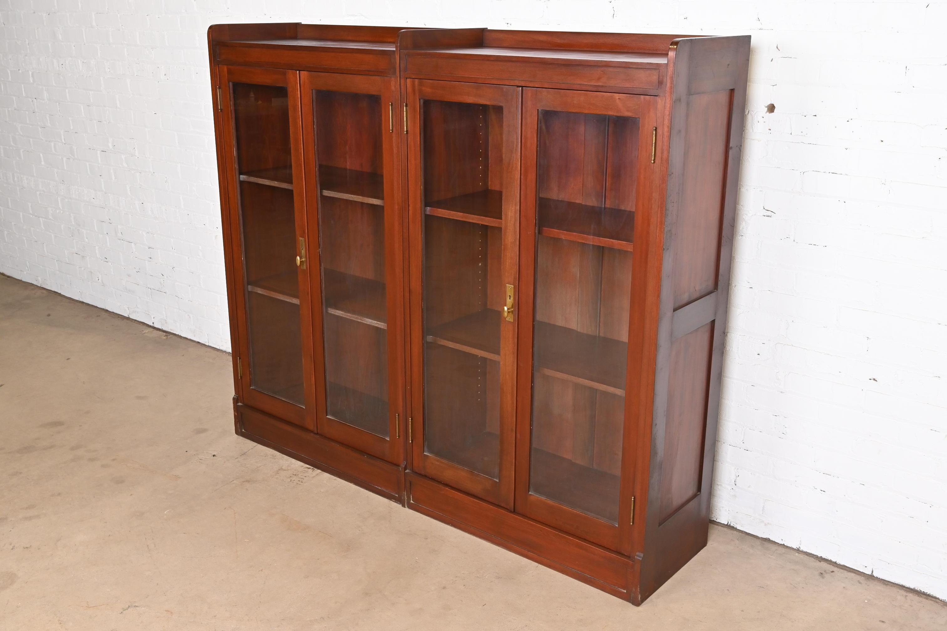 20th Century Antique Stickley Style Arts and Crafts Solid Mahogany Double Bookcase, 1920s For Sale