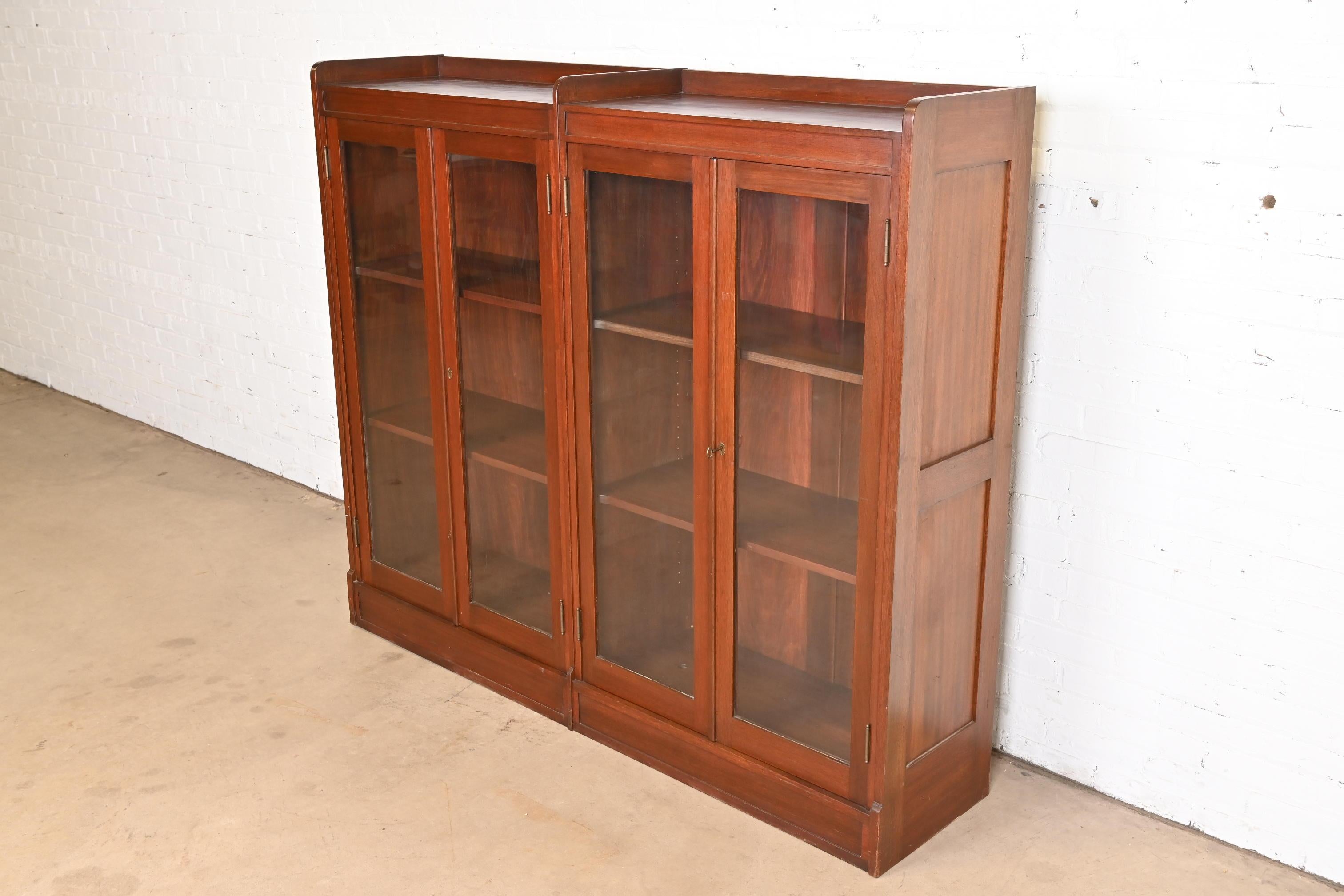 Early 20th Century Antique Stickley Style Arts and Crafts Solid Mahogany Double Bookcase, 1920s For Sale