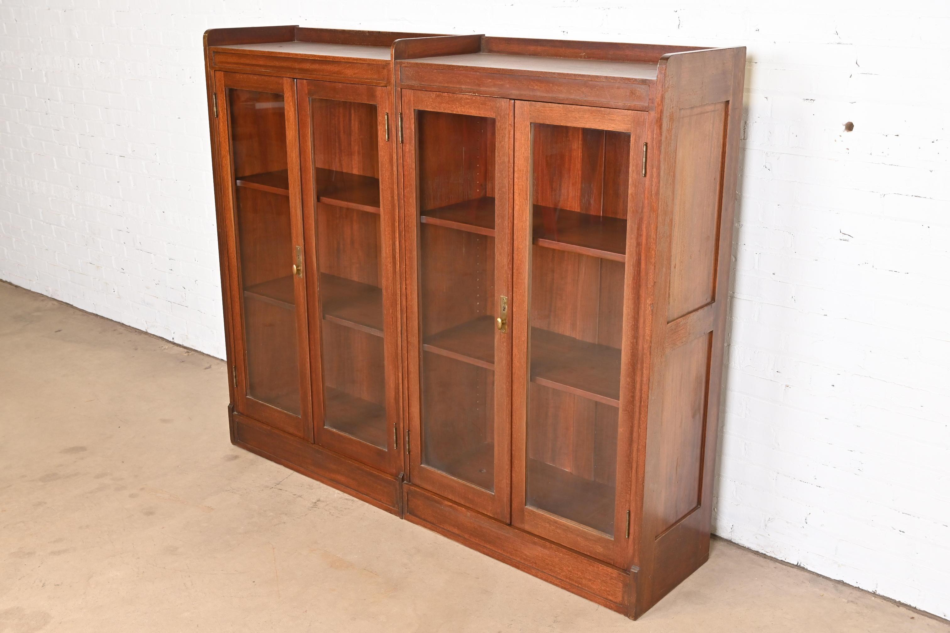 Early 20th Century Antique Stickley Style Arts and Crafts Solid Mahogany Double Bookcase, 1920s For Sale