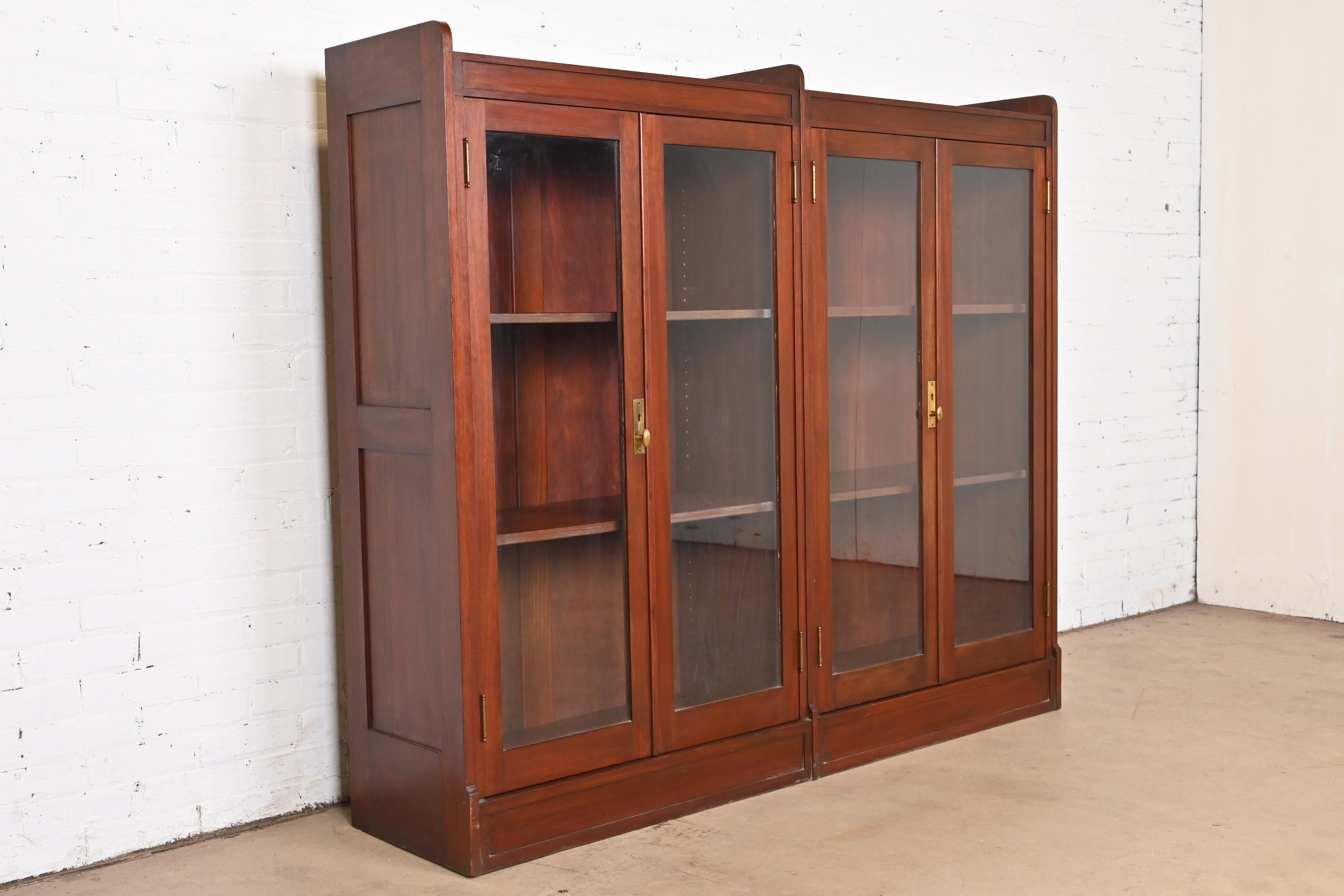 Brass Antique Stickley Style Arts and Crafts Solid Mahogany Double Bookcase, 1920s For Sale
