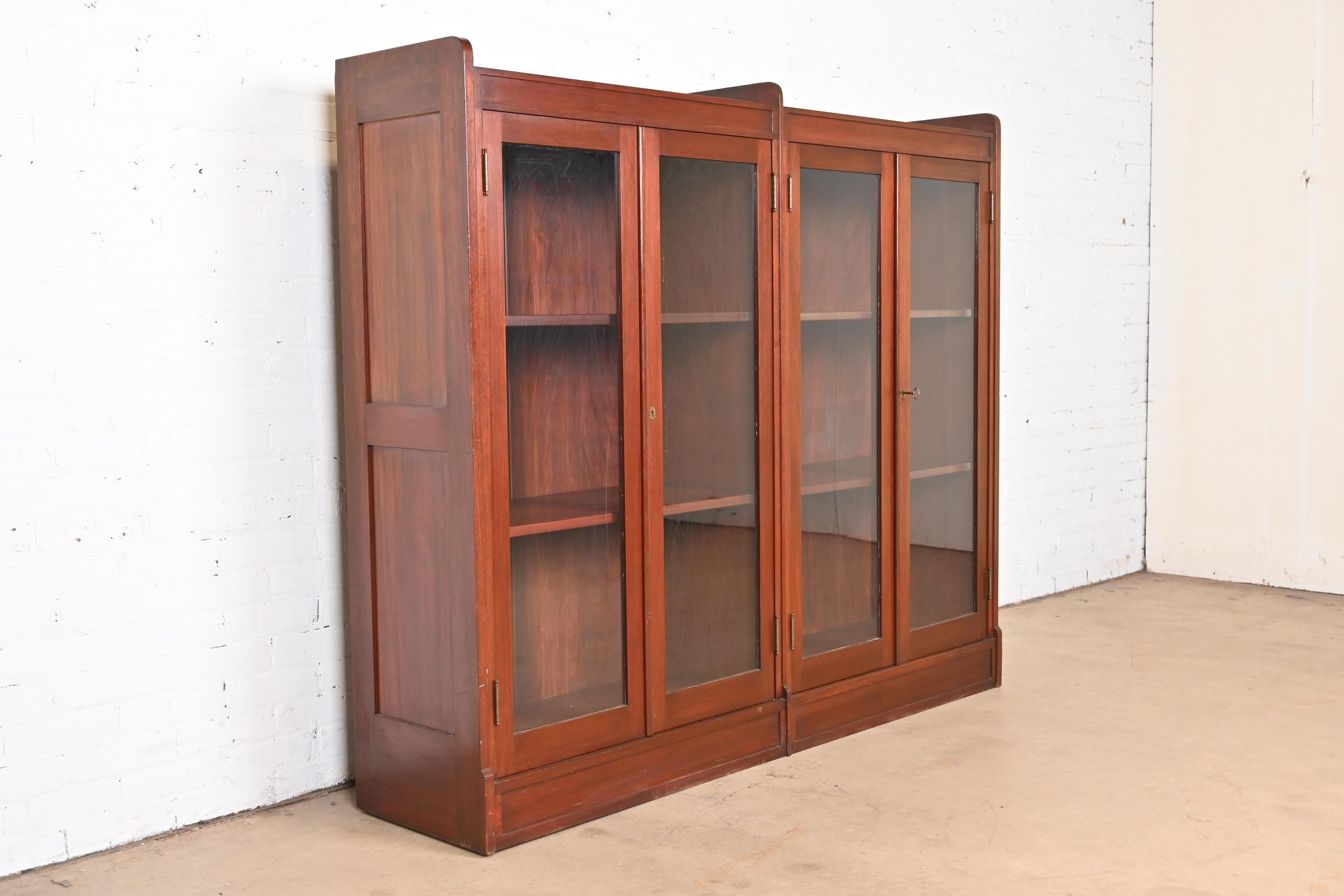 Glass Antique Stickley Style Arts and Crafts Solid Mahogany Double Bookcase, 1920s For Sale