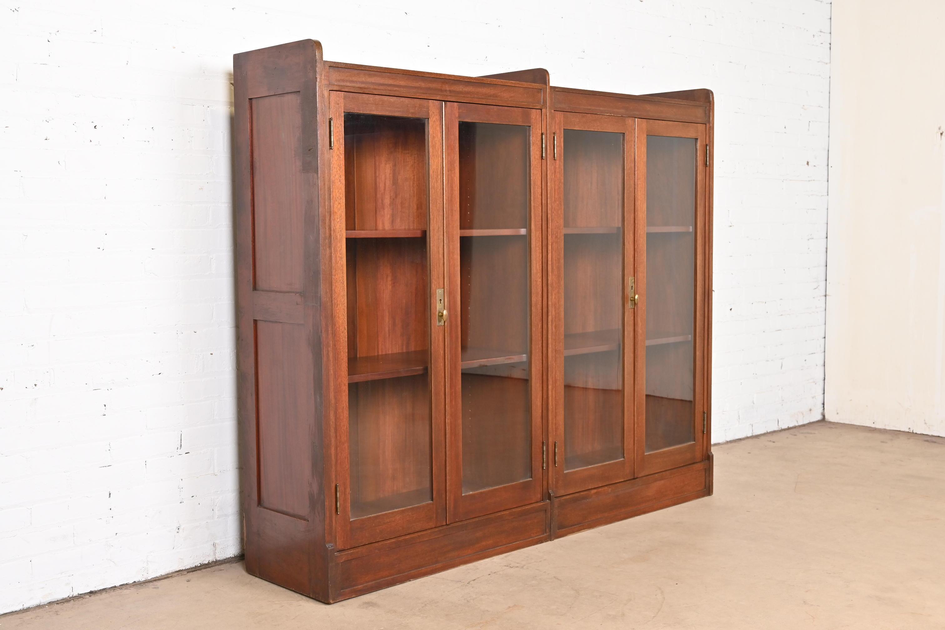 Brass Antique Stickley Style Arts and Crafts Solid Mahogany Double Bookcase, 1920s For Sale
