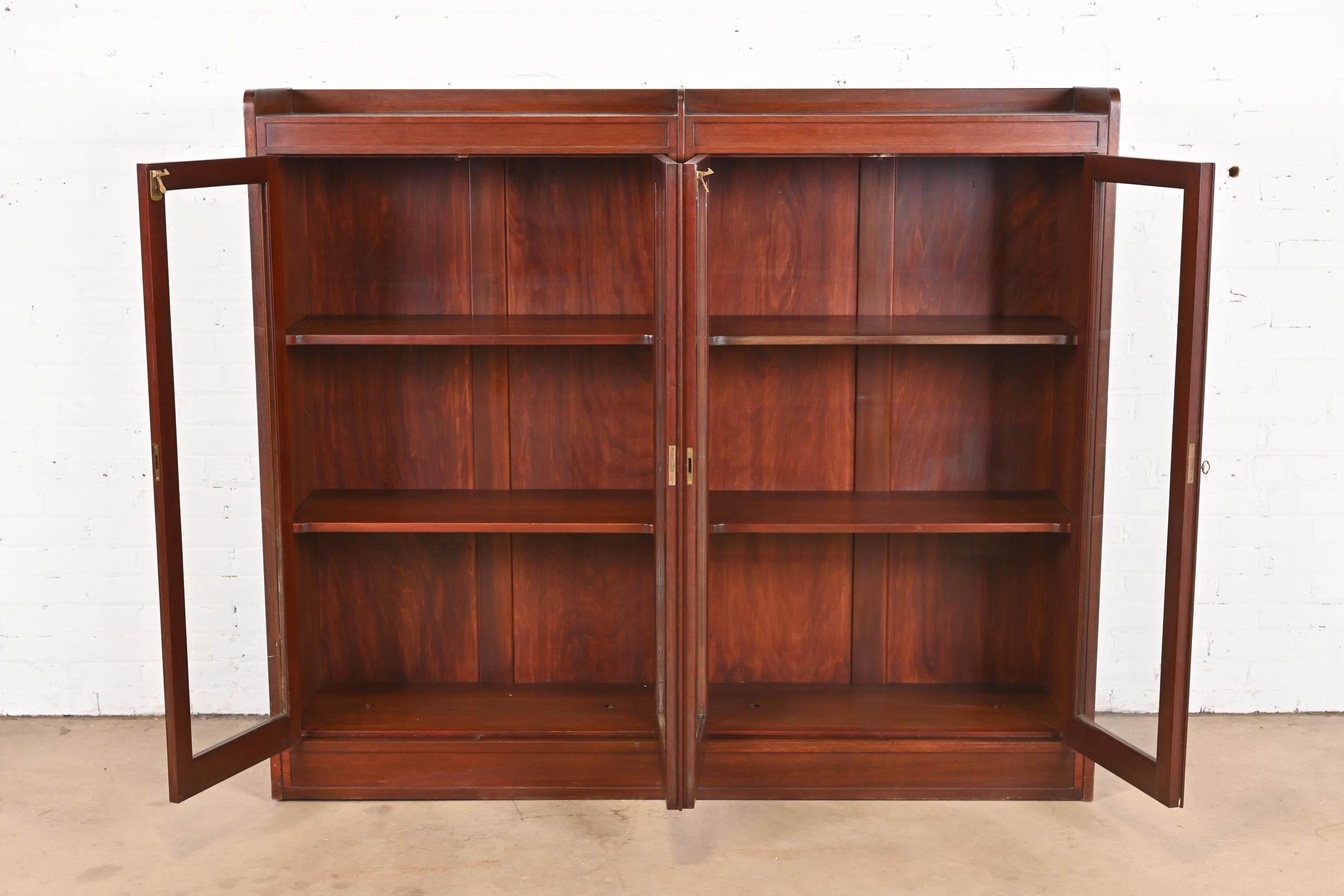 Antique Stickley Style Arts and Crafts Solid Mahogany Double Bookcase, 1920s For Sale 3