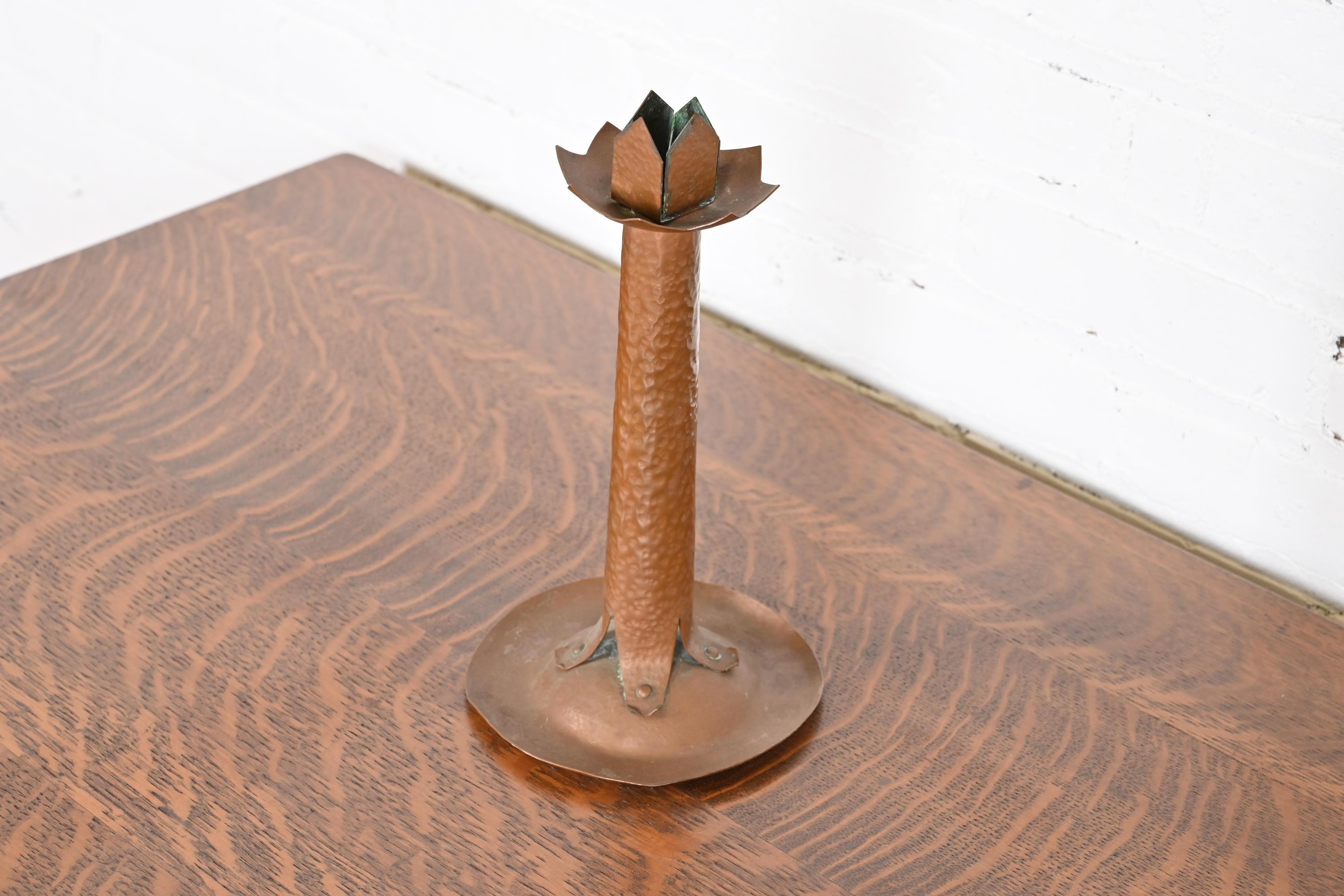20th Century Antique Stickley Style Arts & Crafts Hammered Copper Candlestick, circa 1900 For Sale