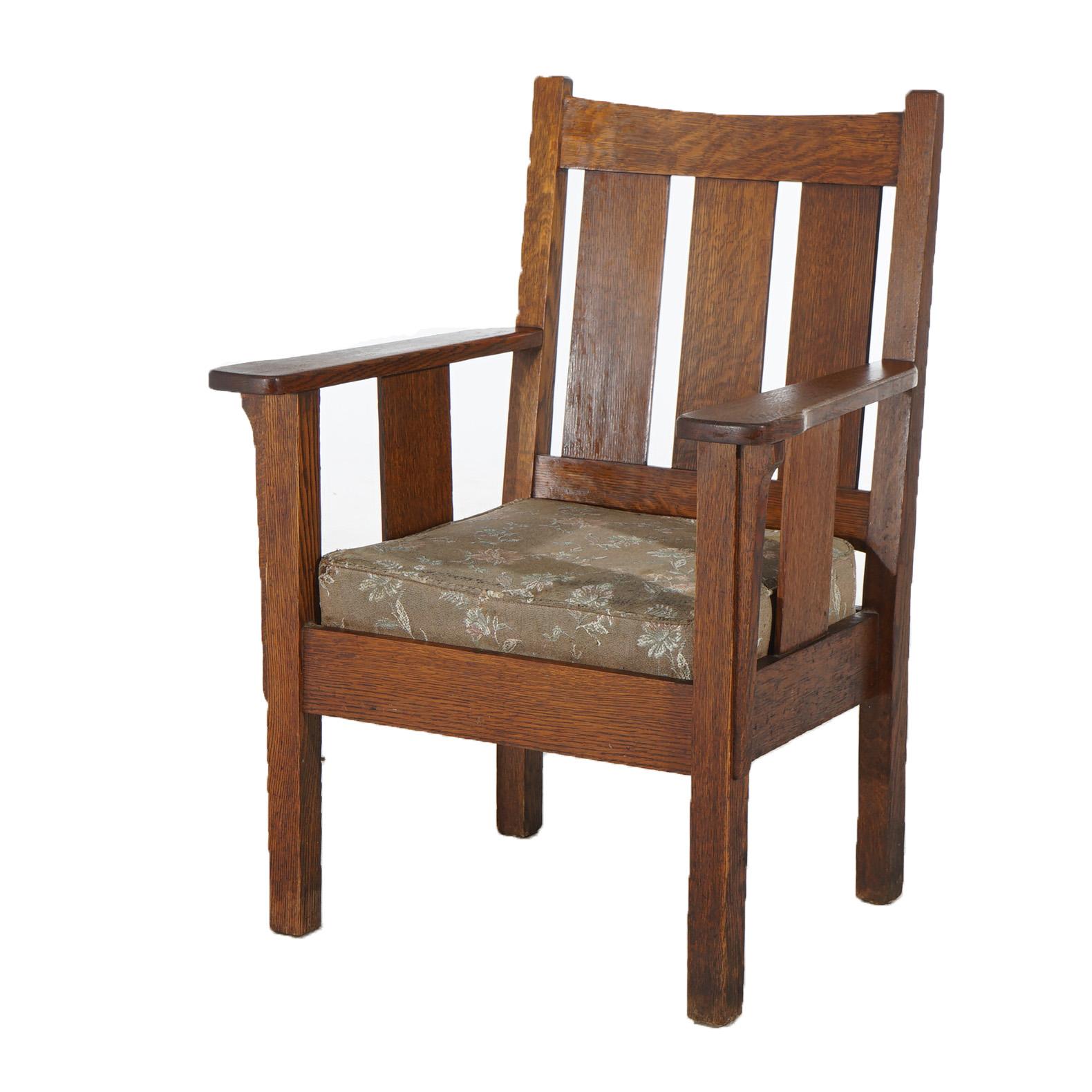 ***Inquire About Reduced In-House Delivery Rates - Reliable Professional Service & Fully Insured***
Antique Arts & Crafts Mission Oak Slat Back Chair with Upholstered Seat in the Manner of Stickley C1910

Measures - 36.25