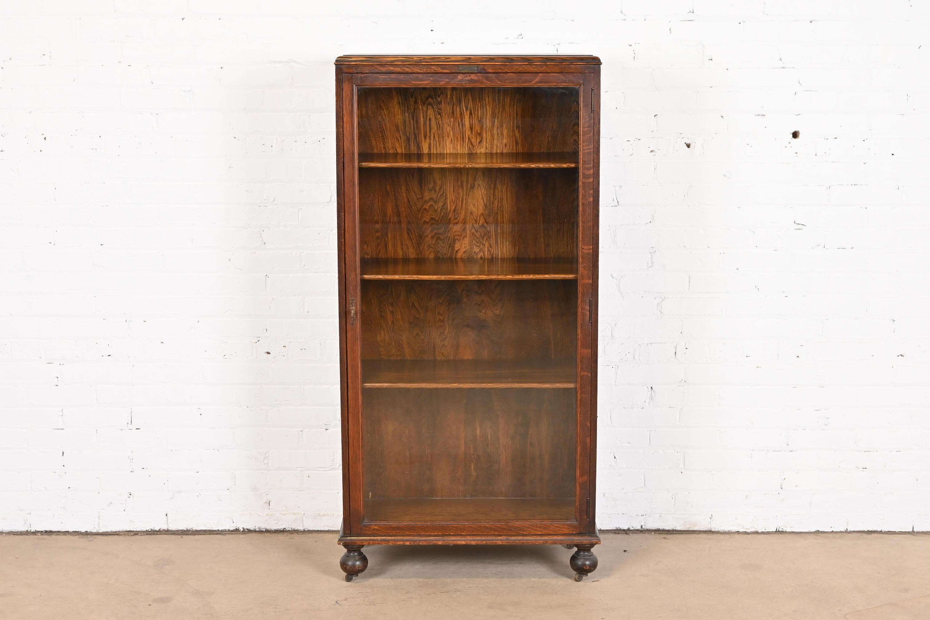 Antique Stickley Style Arts and Crafts Oak Glass Front Bookcase, circa