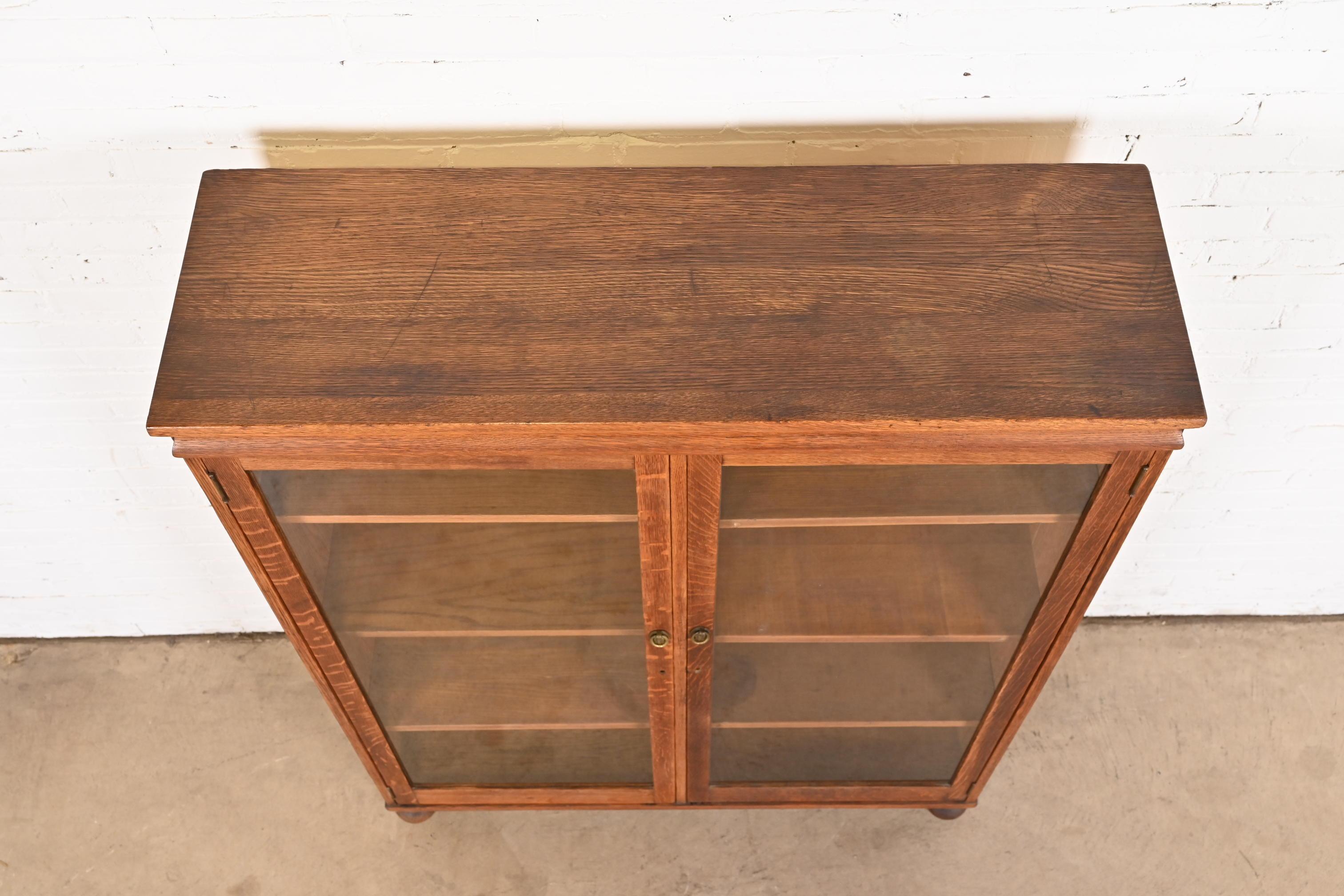Antique Stickley Style Arts & Crafts Oak Glass Front Double Bookcase, Circa 1900 For Sale 1