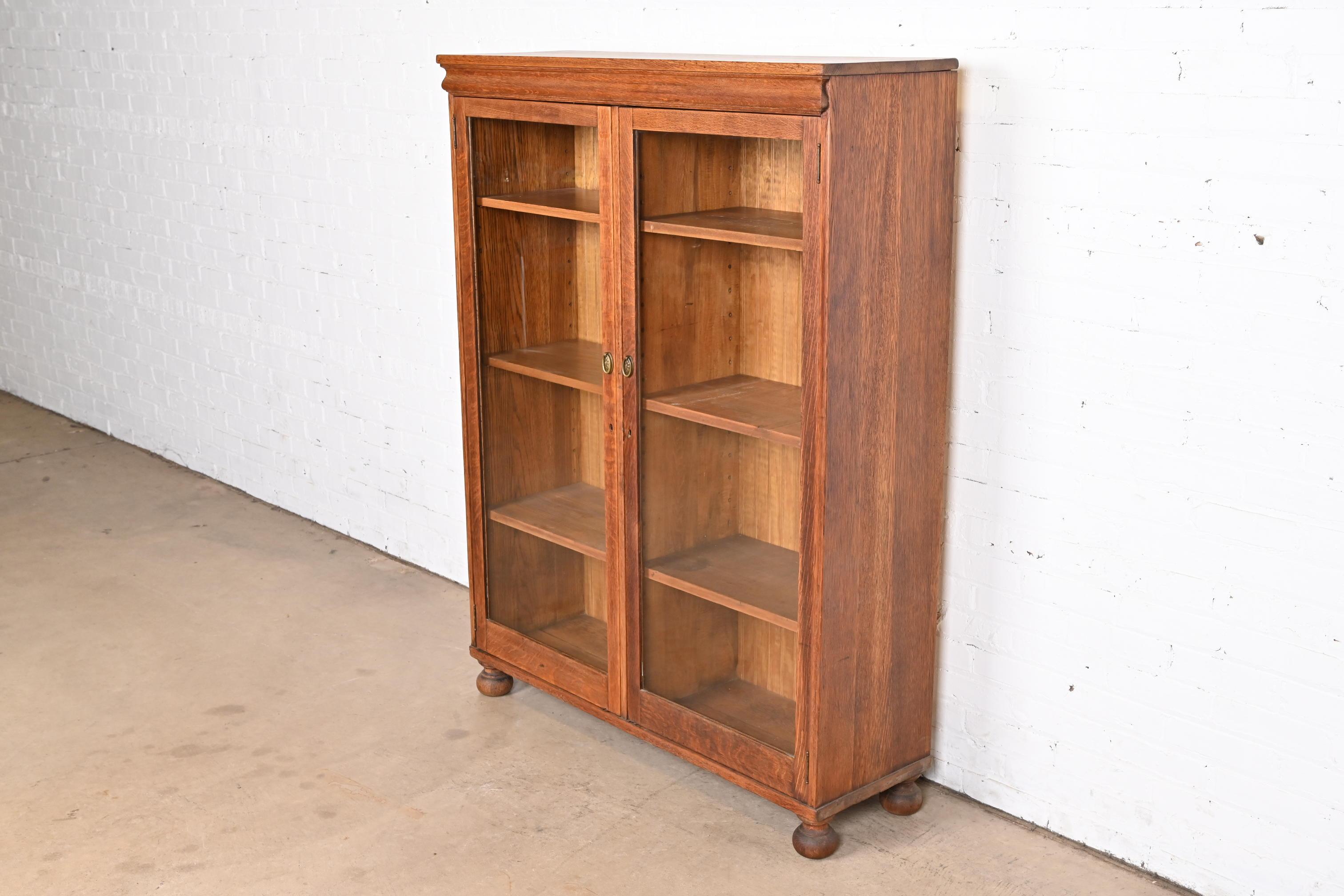 Arts and Crafts Antique Stickley Style Arts & Crafts Oak Glass Front Double Bookcase, Circa 1900 For Sale