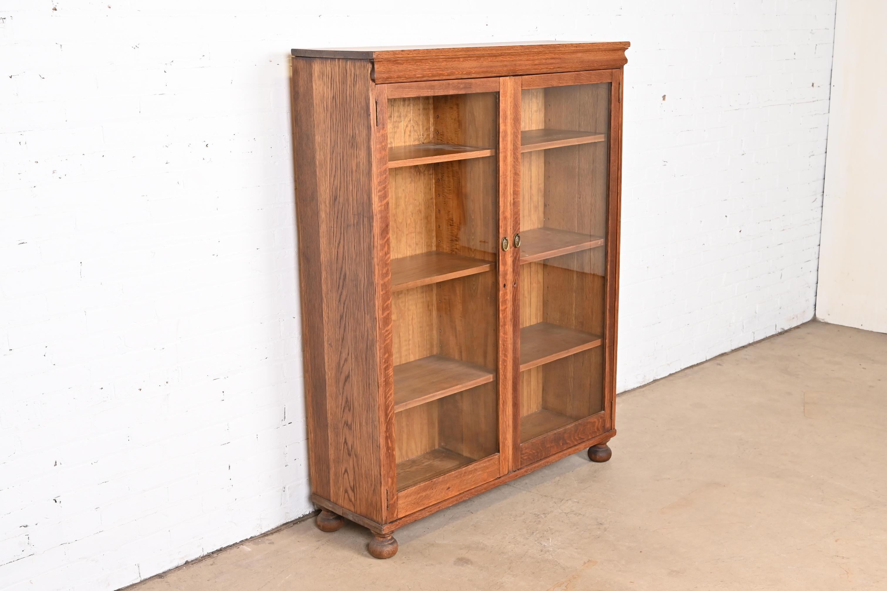 Antique Stickley Style Arts & Crafts Oak Glass Front Double Bookcase, Circa 1900 In Good Condition For Sale In South Bend, IN
