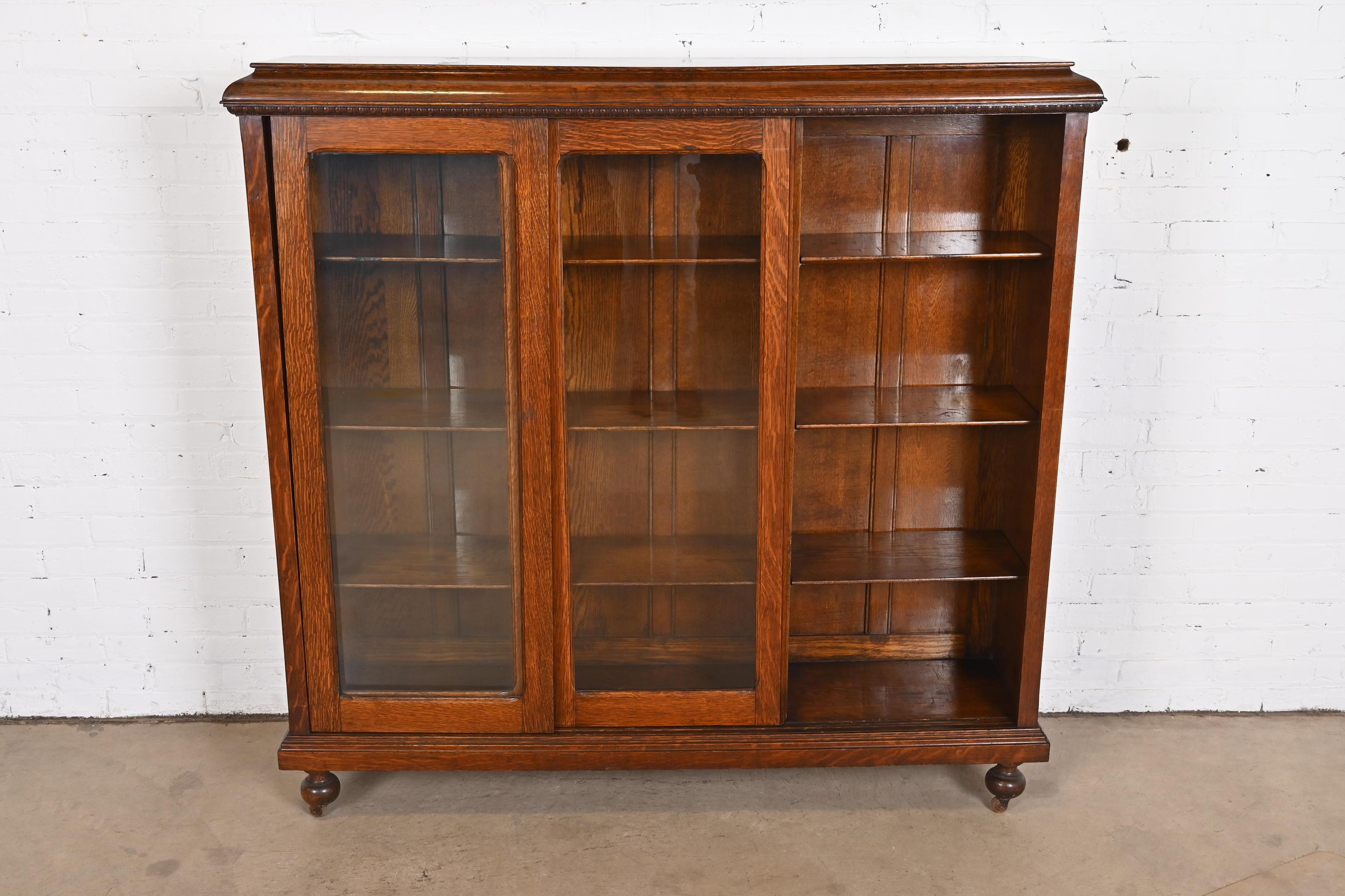 Antique Stickley Style Arts & Crafts Oak Glass Front Triple Bookcase, circa 1900 5