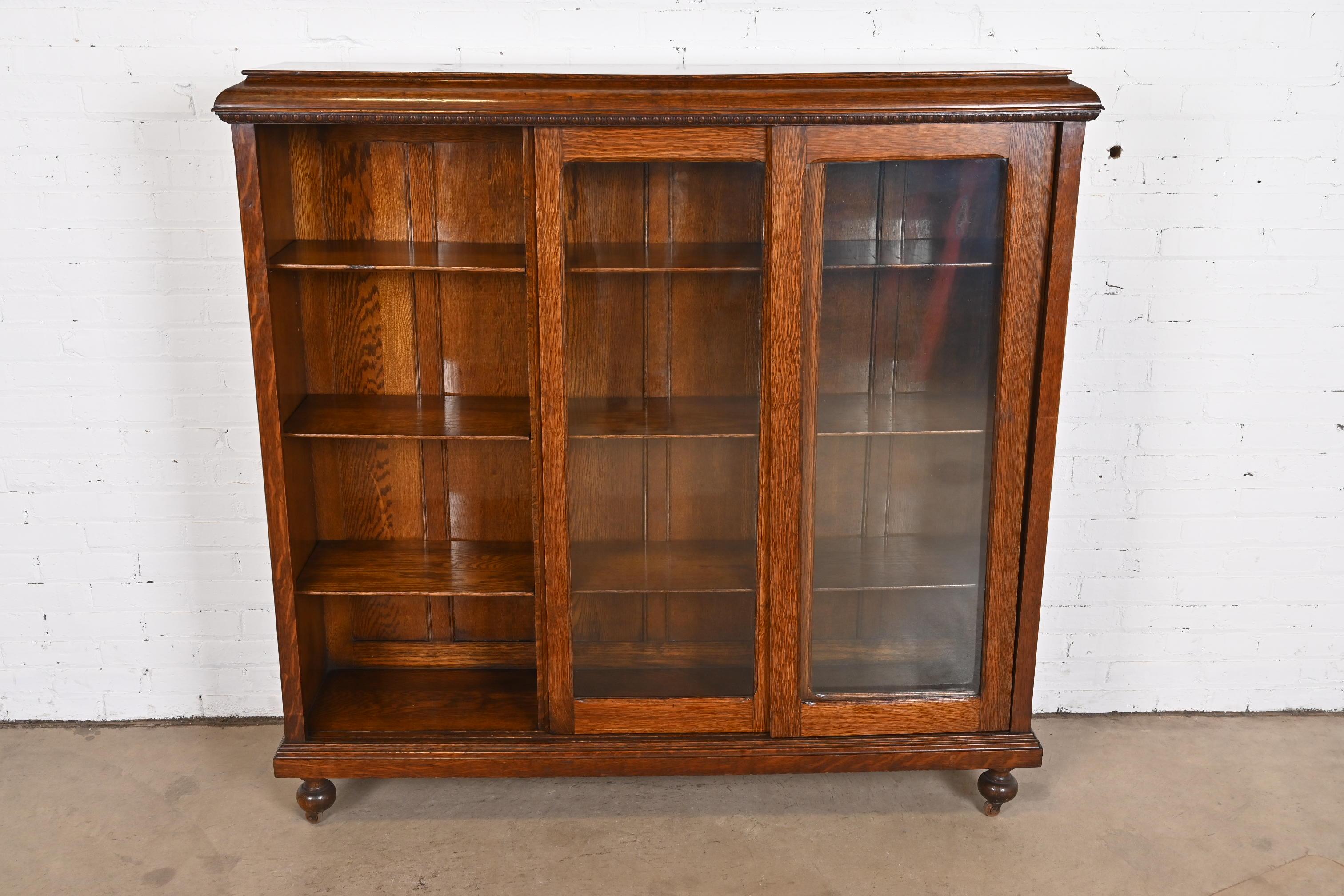 Antique Stickley Style Arts & Crafts Oak Glass Front Triple Bookcase, circa 1900 6