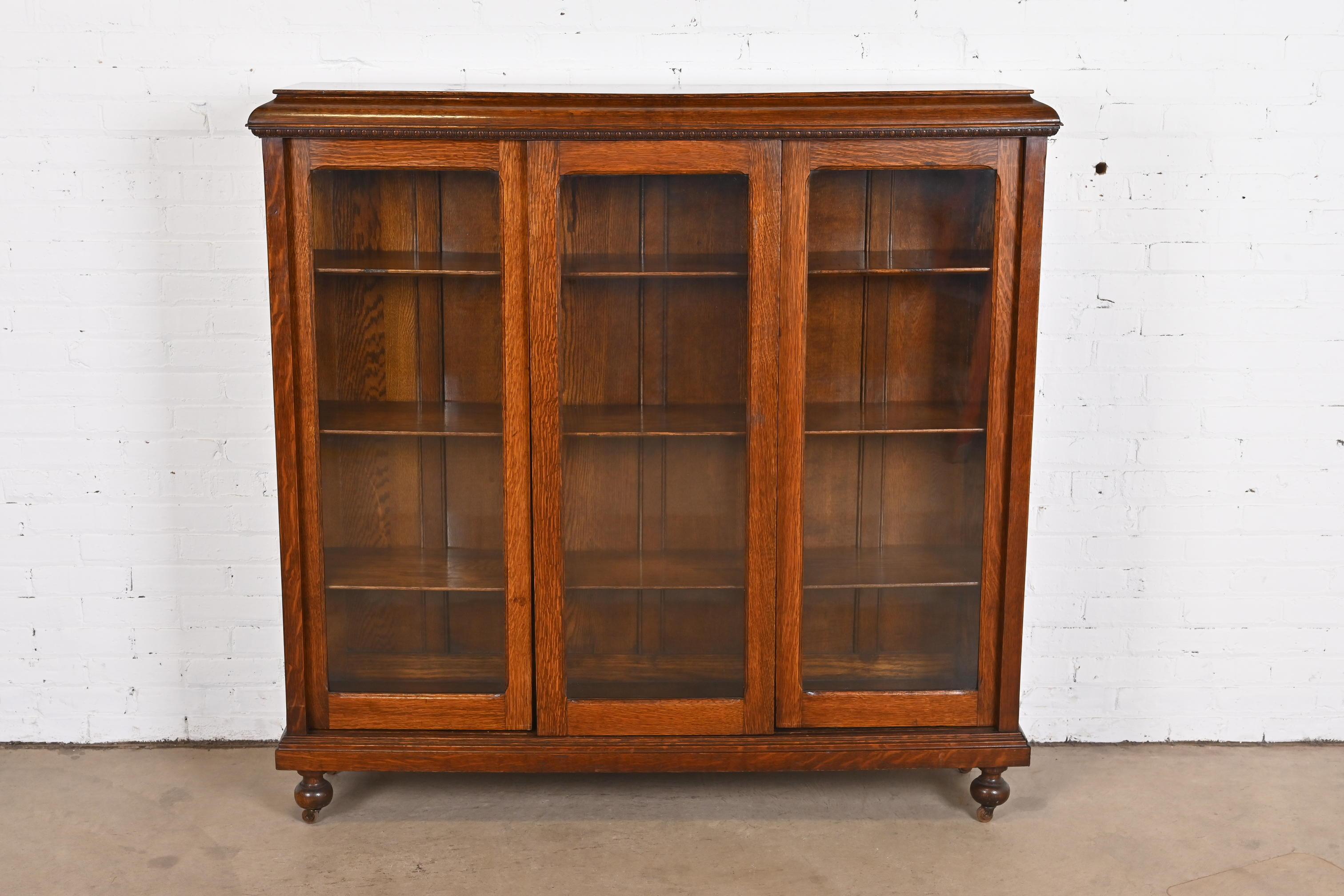 Arts and Crafts Antique Stickley Style Arts & Crafts Oak Glass Front Triple Bookcase, circa 1900
