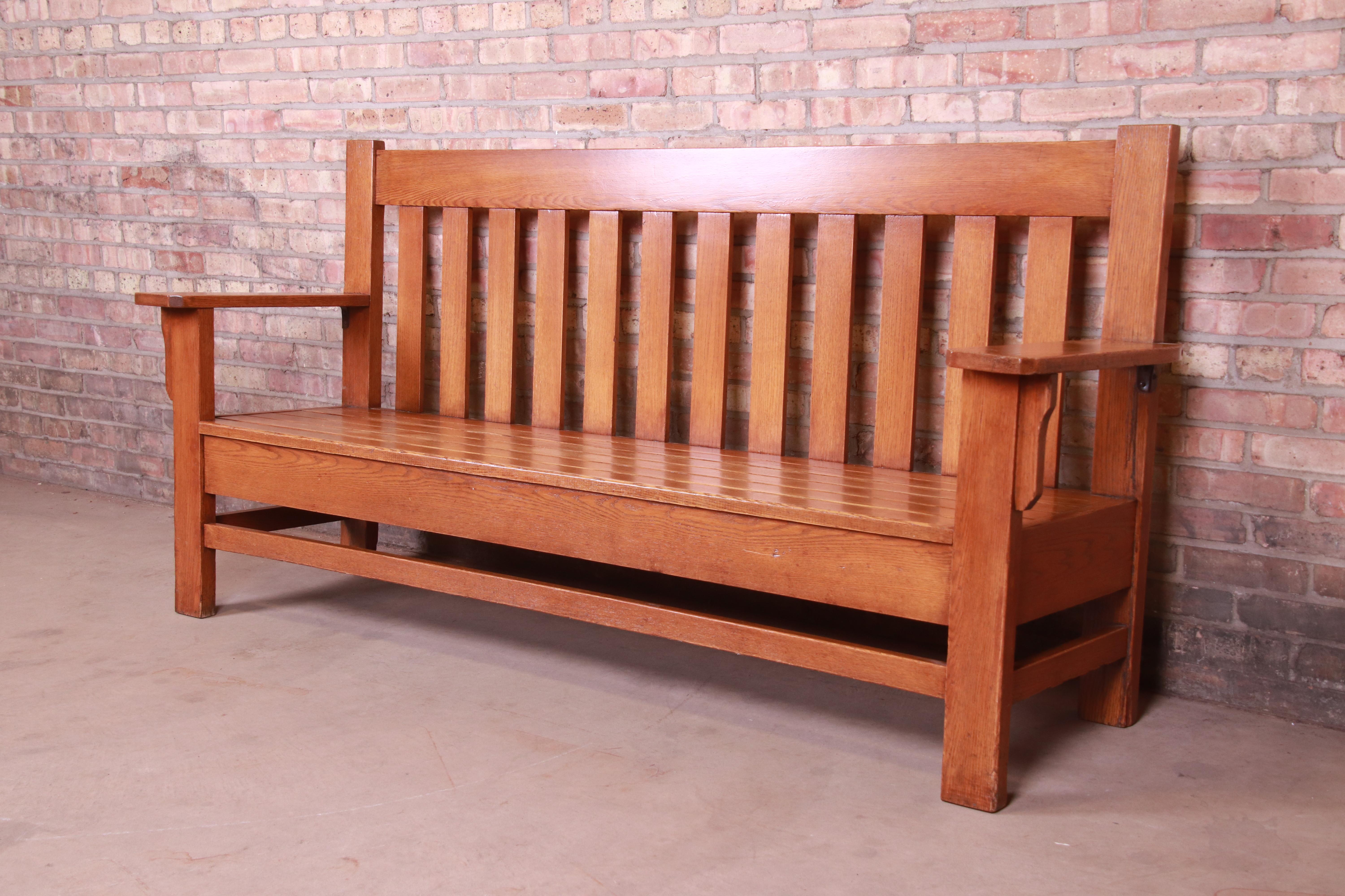 American Antique Stickley Style Arts & Crafts Solid Oak Settle or Bench