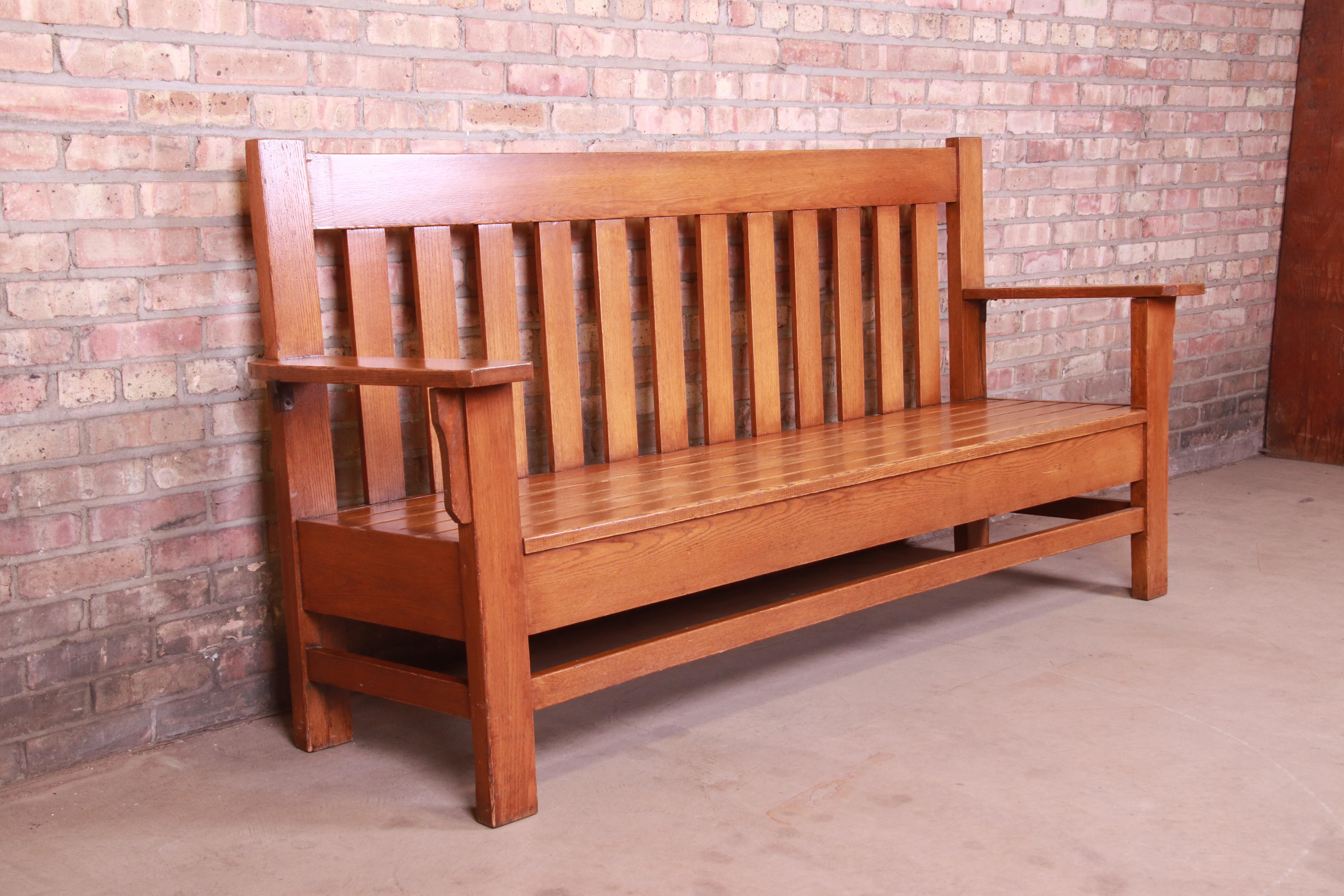 20th Century Antique Stickley Style Arts & Crafts Solid Oak Settle or Bench